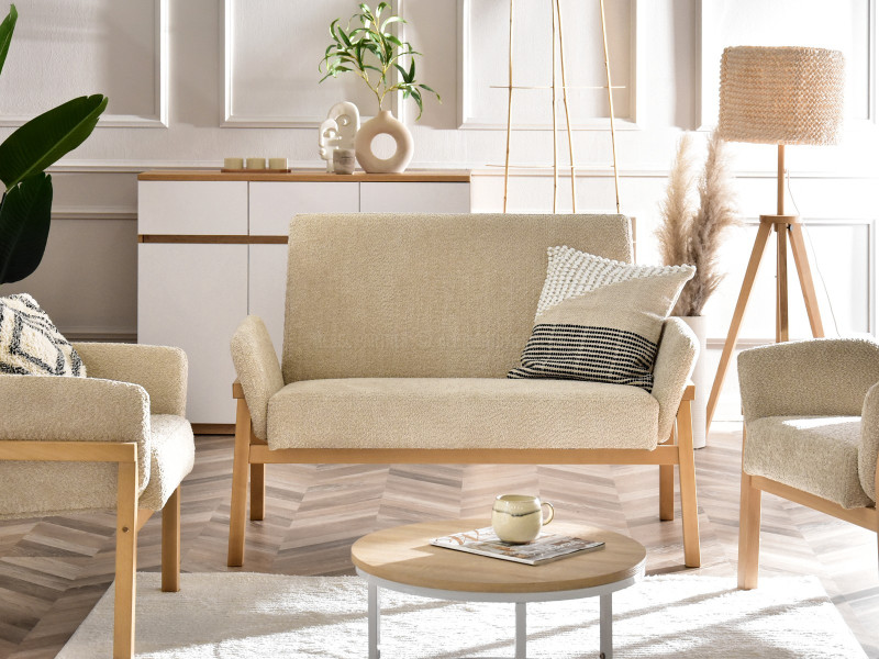 Sofa Lao Beżowy Tkanina, Podstawa Dąb