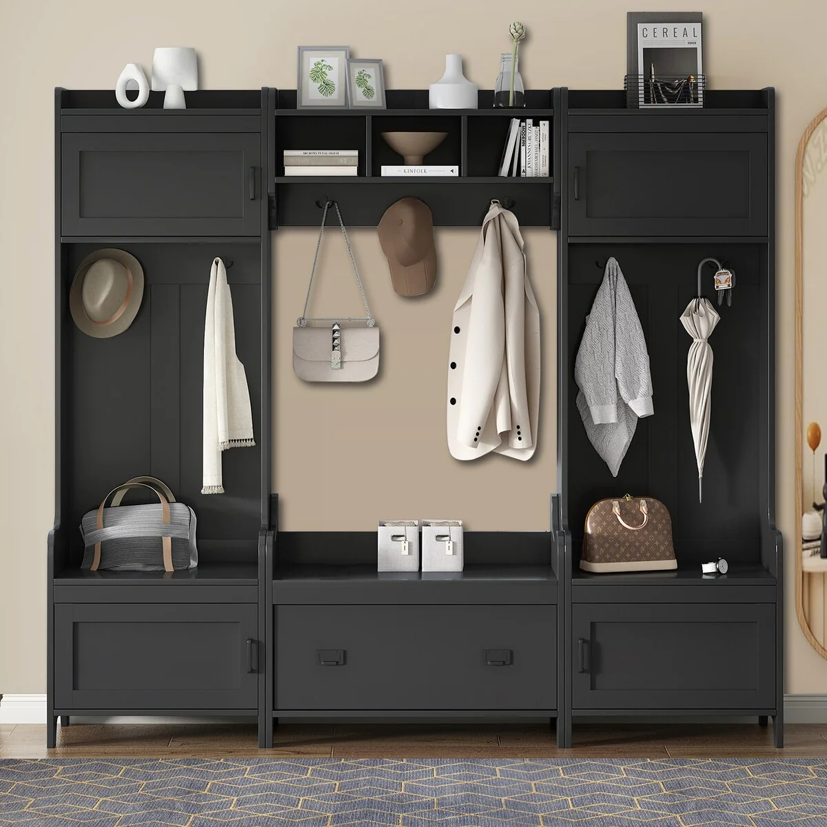 Multi-Functional Freestanding Wooden 4-in-1 Modular Hall Tree