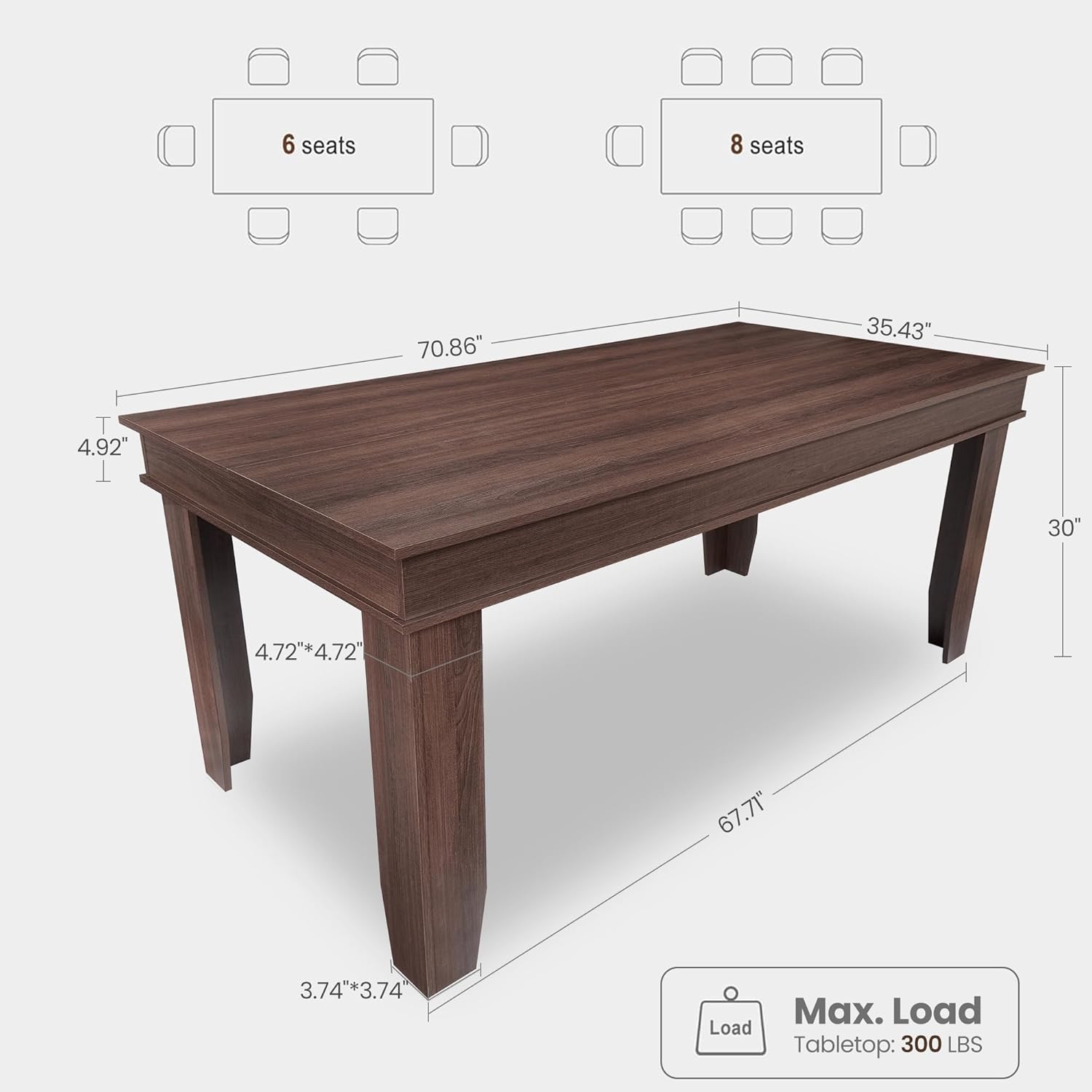 GarveeHome Farmhouse Dining Table for 6-8 People, 71 in Long Kitchen Tables with Wooden Sturdy Frame, 6 ft Large Rectangular Dinner Table for Dining Room, Kitchen (Brown, 71 Non-extendable)