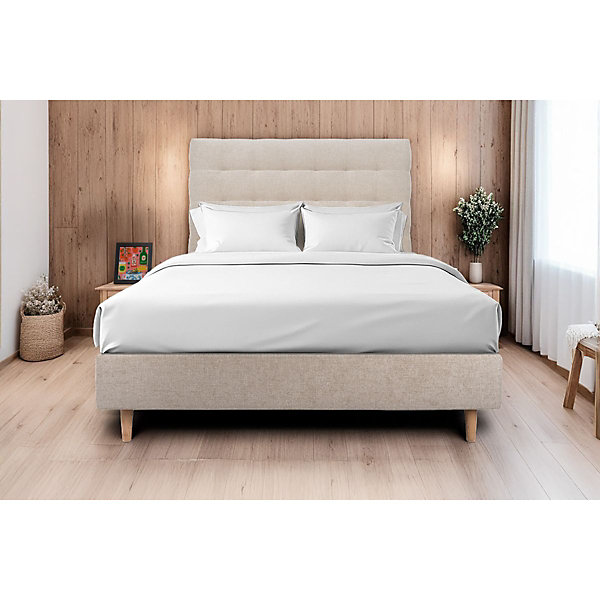 Lit avec tête de lit capitonnée tissu et sommier tapissier- Lit en bois massif