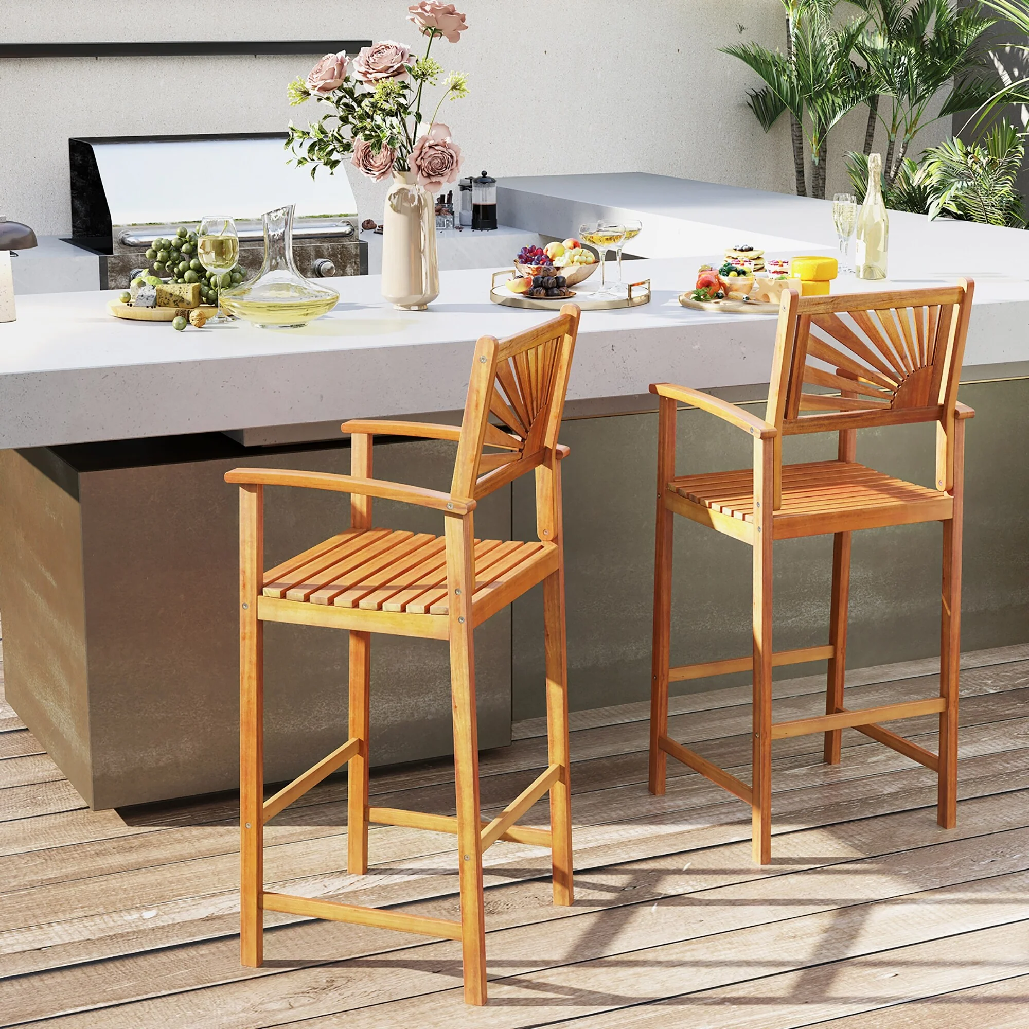Gymax Set of 2 Outdoor Acacia Wood Bar Stools Bar Height Patio Chairs