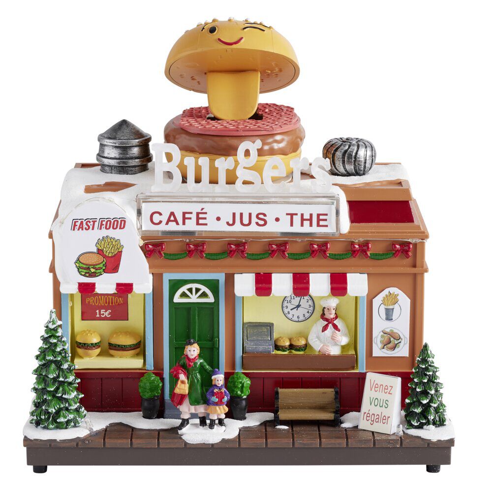 Village de No&euml;l animé LED et son scène restaurant 23x13,5xH20 cm