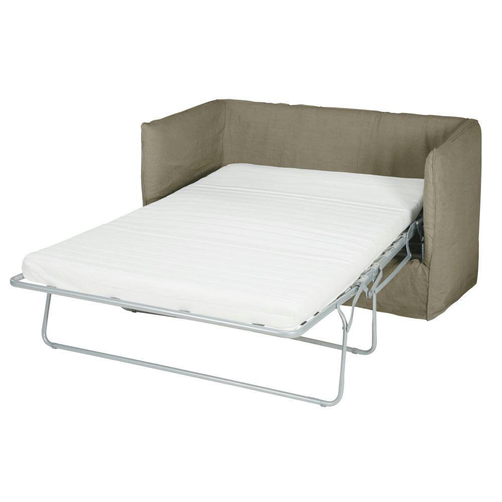 Louvain - Canapé convertible 2 places en lin vert kaki, matelas 10 cm