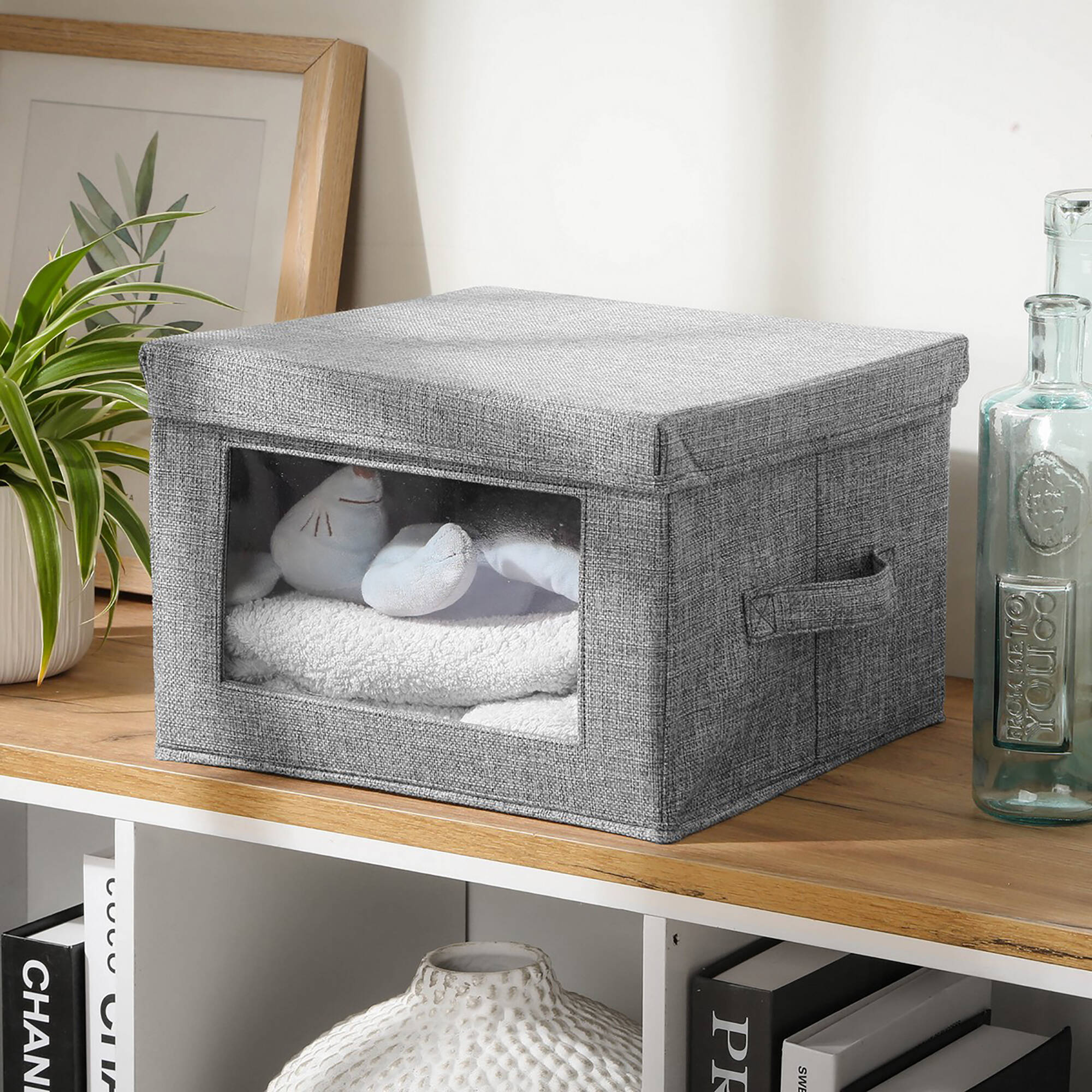 Bo&icirc;te rangement pliable tissu gris à grande fen&ecirc;tre