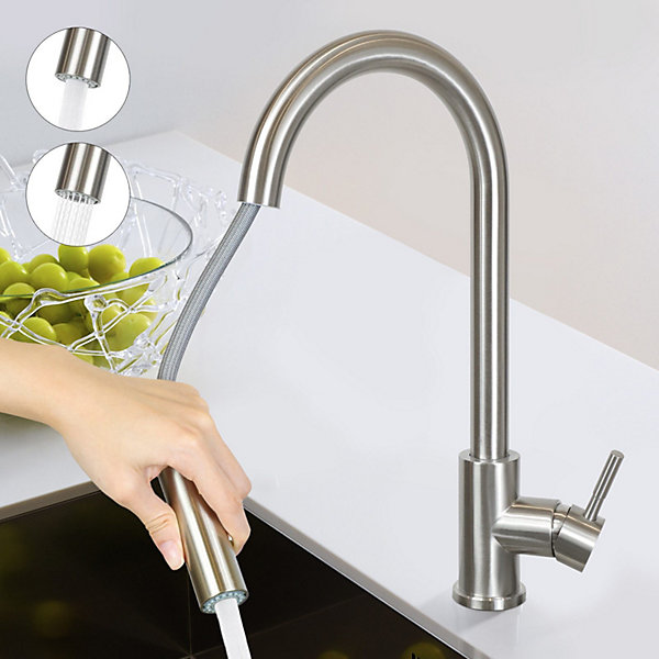 NETTLIFE Robinet de cuisine avec pomme de douche extensible, Mitigeur évier, en acier inoxydable à jet double, Nickel