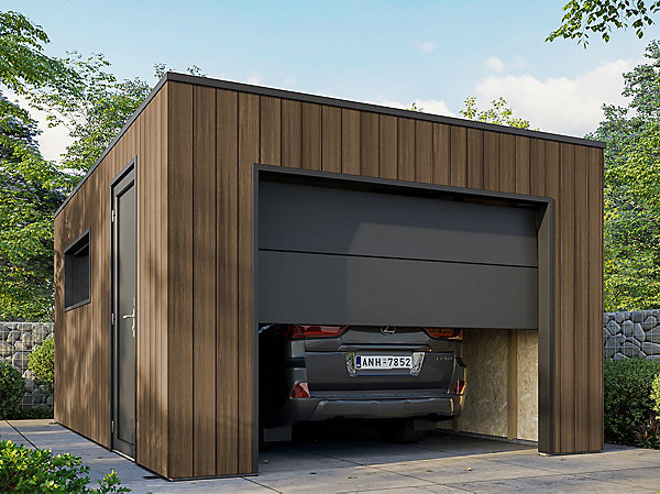 Garage Composite SILVERSTONE - Bardage Couleur Teck / Teak - Surface : 20m2 - Porte Sectionnelle Motorisée - 2 télécommandes