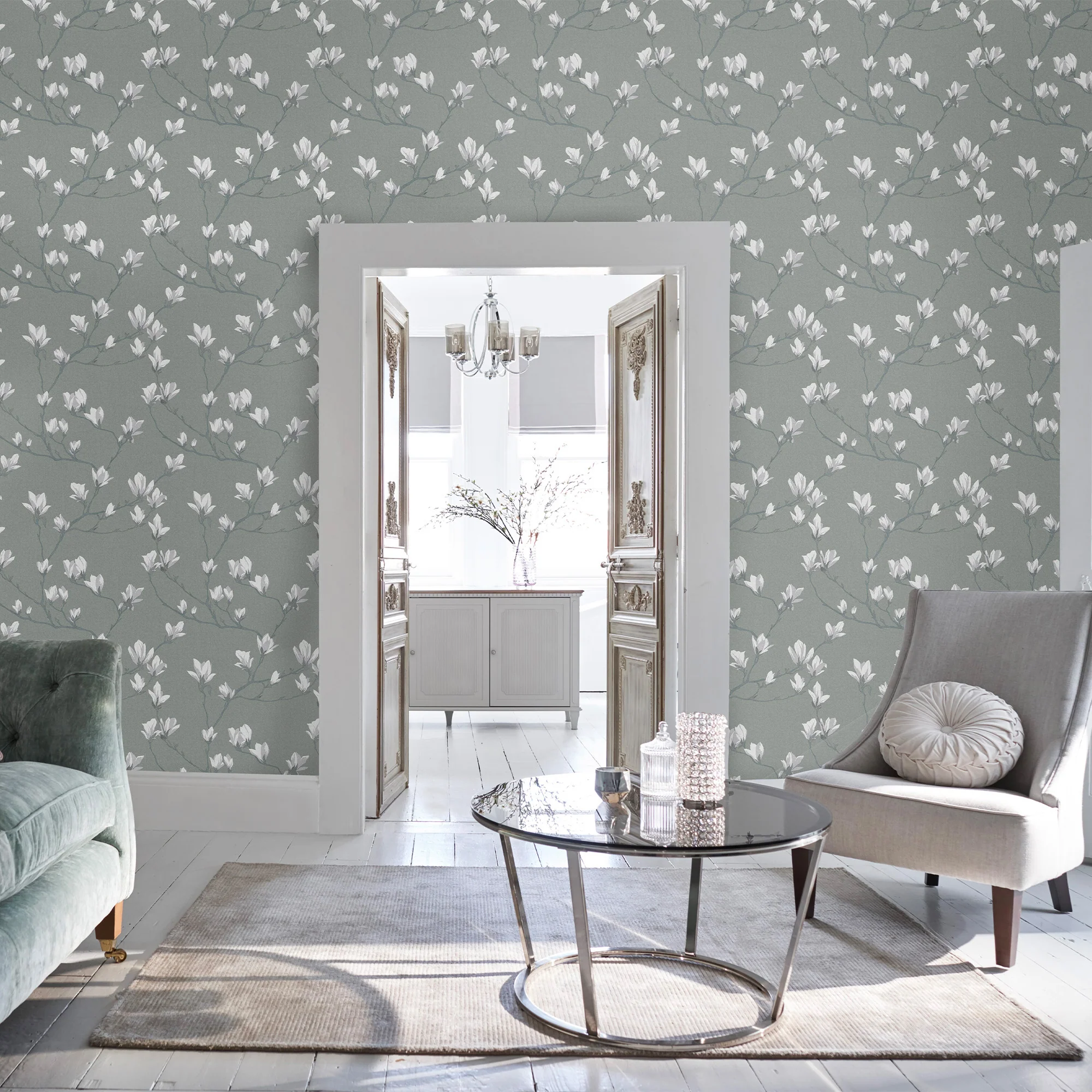 LAURA ASHLEY Papier peint intissé MAGNOLIA GROVE kaki foncé