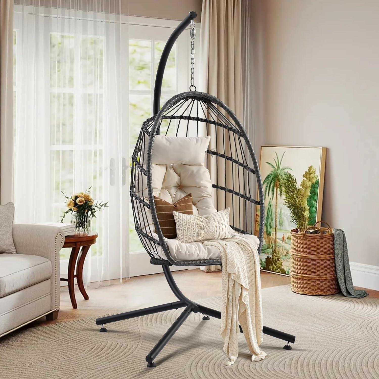 Hanging Egg Chair with Stand, Foldable Wicker Porch Swing Chair Outdoor Indoor, Heavy Duty Rattan Hammock Chairs with Cushion Headrest, Bedroom Balcony Patio Lounge Furniture, 350LBS (Beige)