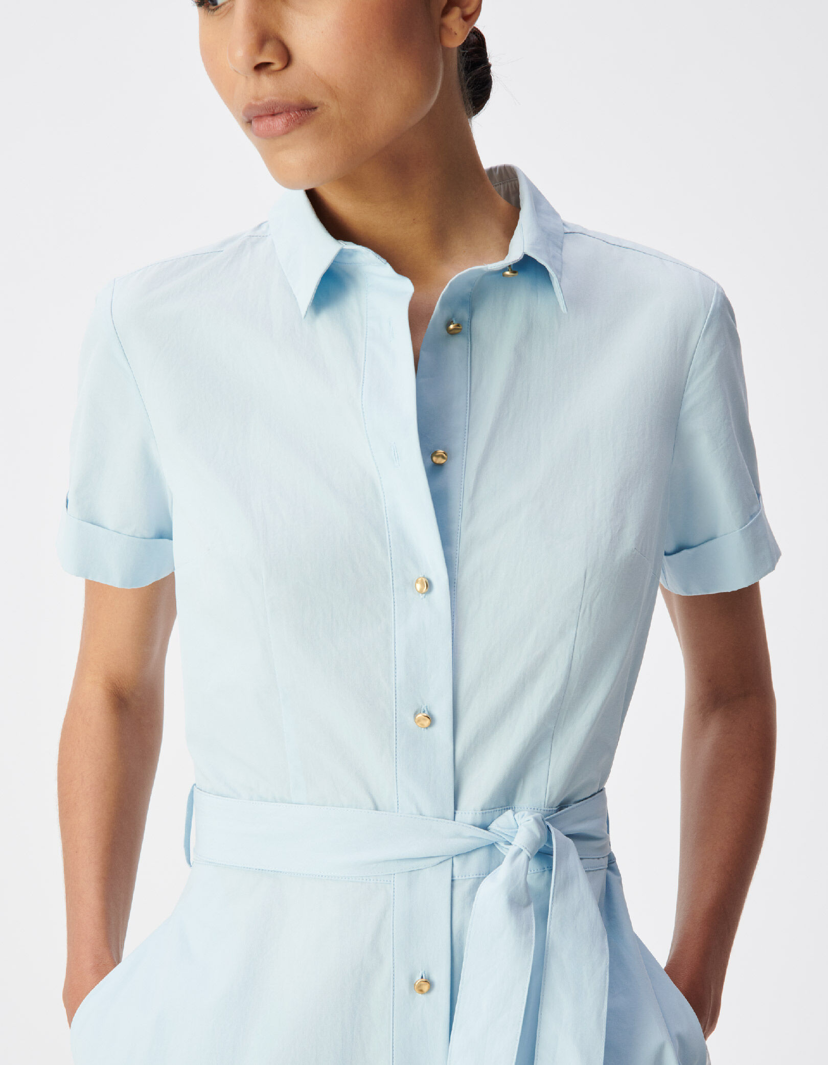 Robe chemise bleu ciel boutonnée ceinturée Femme