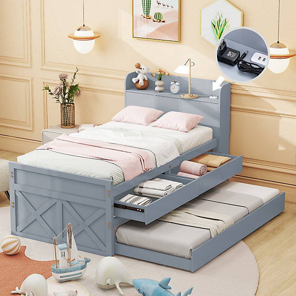 Lit Simple 90x190 cm - Lit Junior avec Tiroir Coulissant et Table de Chevet avec étageres, Prise USB - Bois Massif - Gris