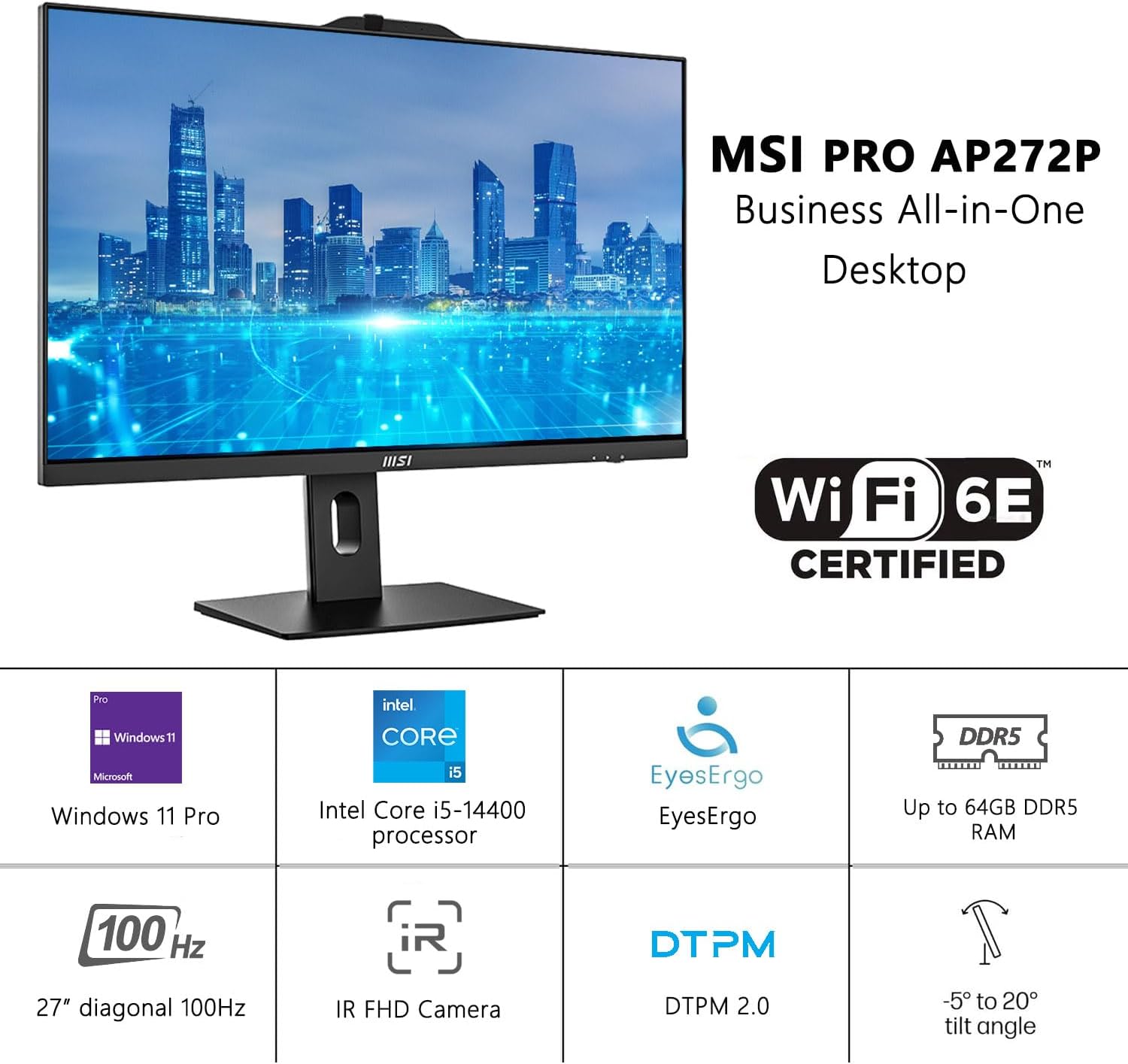 msi PRO AP272P Business All-in-One Desktop  27 IPS FHD 100Hz Eye-Care Display  Intel Core i5-14400  32GB DDR5  1TB SSD  IR FHD Webcam  Wi-Fi 6E  HDMI  DP  Wireless KB & Mouse  Windows 11 Pro
