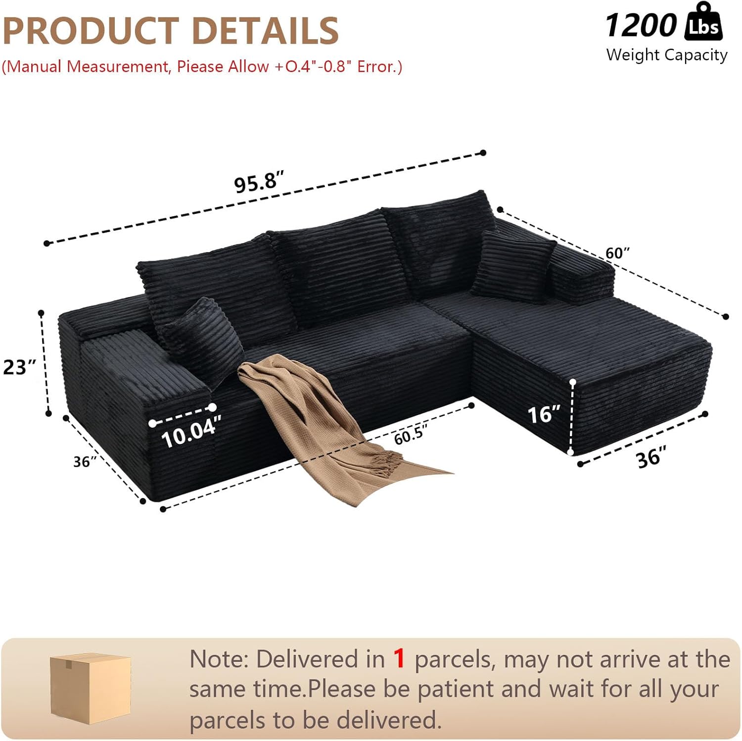 96 Modular Sectional Sofa, Modern Corduroy Cloud Couch with Deep Seat, Boneless Couch Upholstered 3-Seater L-Shaped Sofa for Living Room, No Assembly Required (Black, Right-Facing Chaise)
