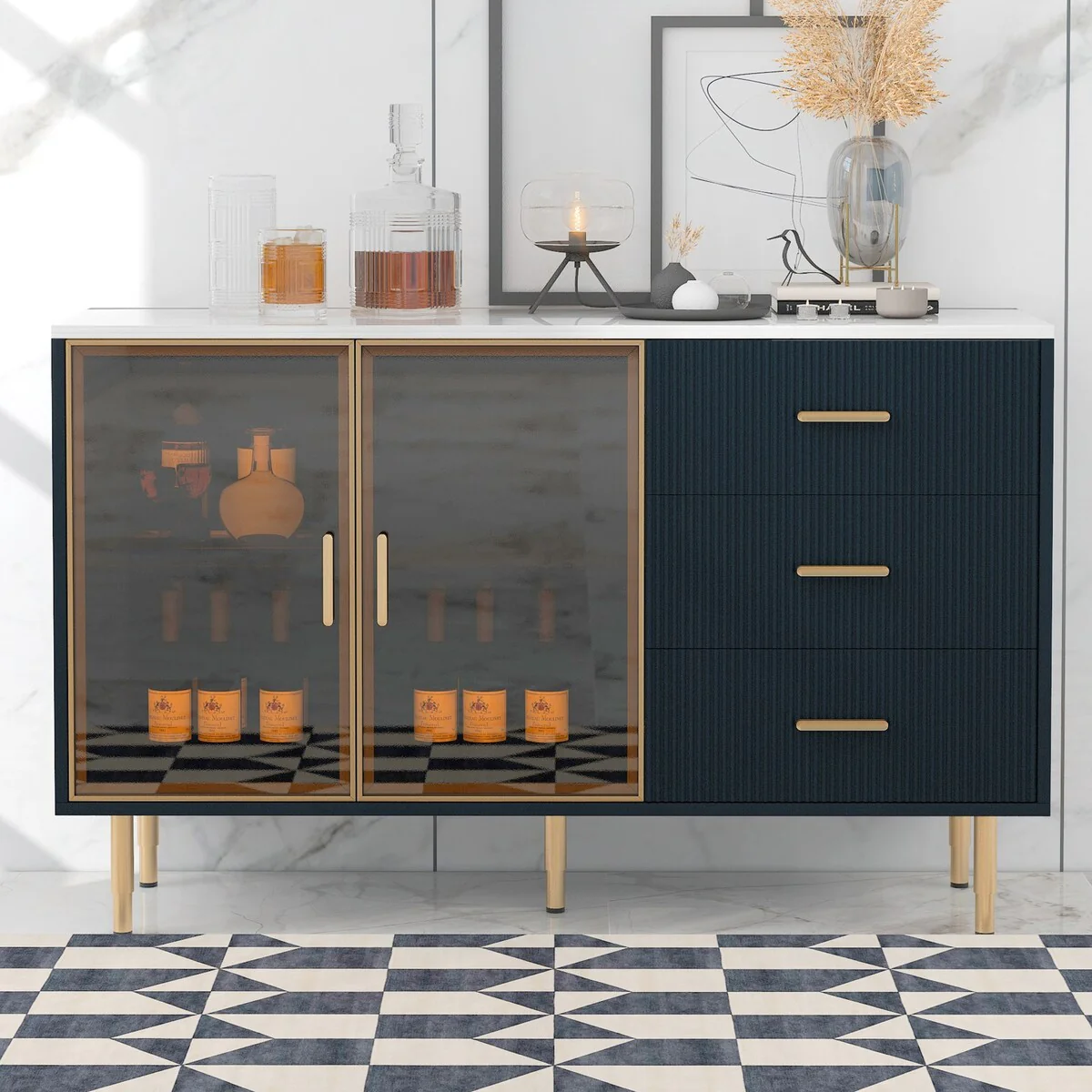 Sideboard MDF Buffet Cabinet Marble Sticker Tabletop and Amber-yellow Tempered Glass Doors with Gold Metal Legs & Handles