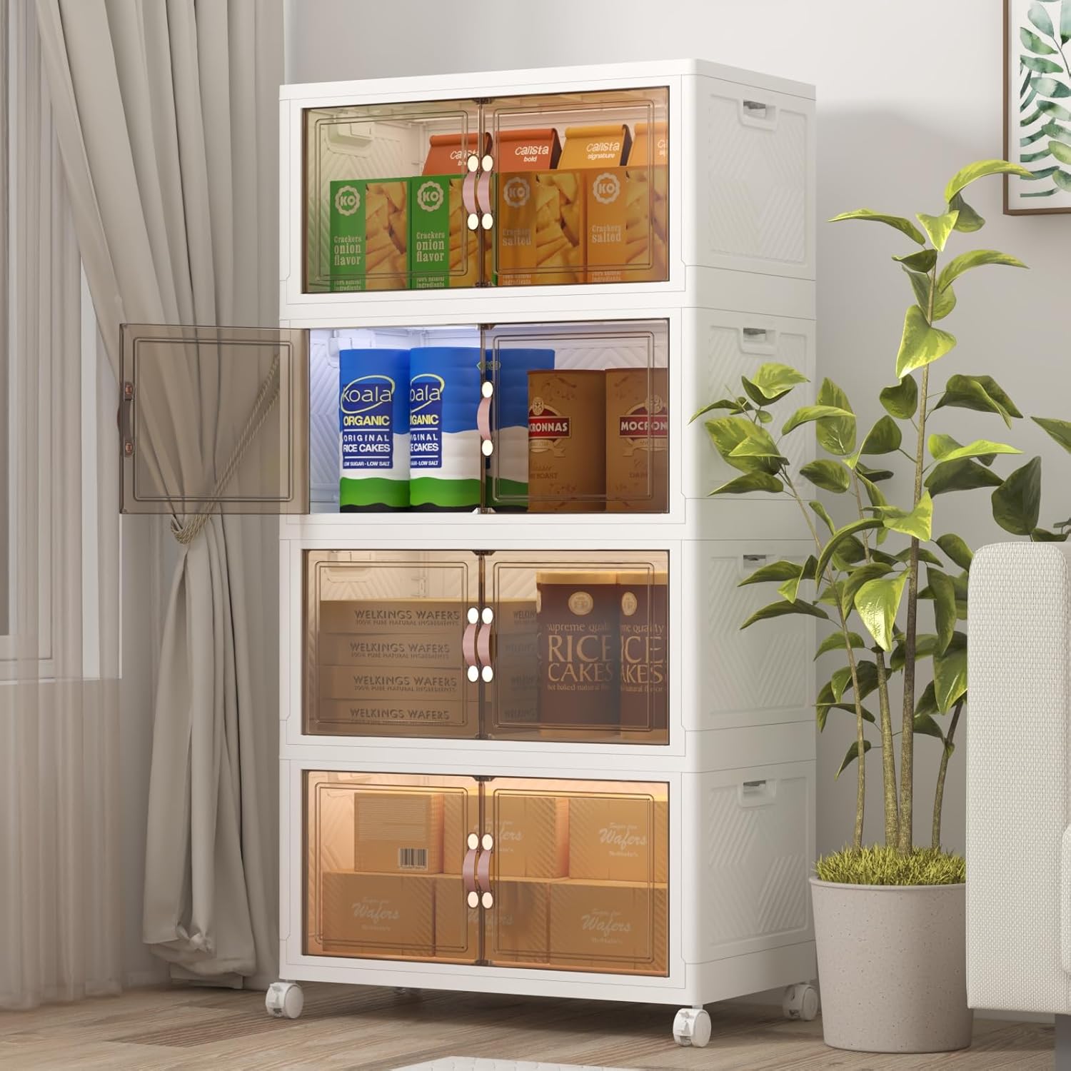 UAMFURI Extra Large Stackable Storage Bins with Lids & Wheels, 480QT-120QT/30GAL*4Pack Foldable Collapsible Closet Organizers Storage Cabinet with Doors for Bedroom Dorm