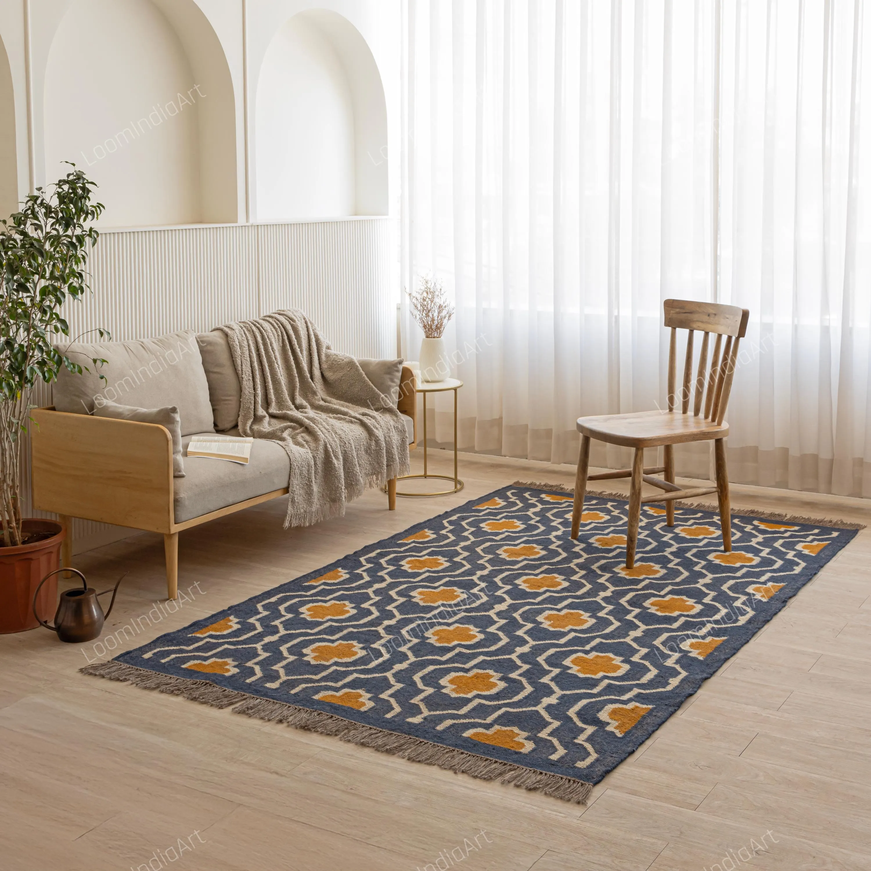 Handwoven Wool Jute Kilim Rug: Traditional Indian Dhurrie