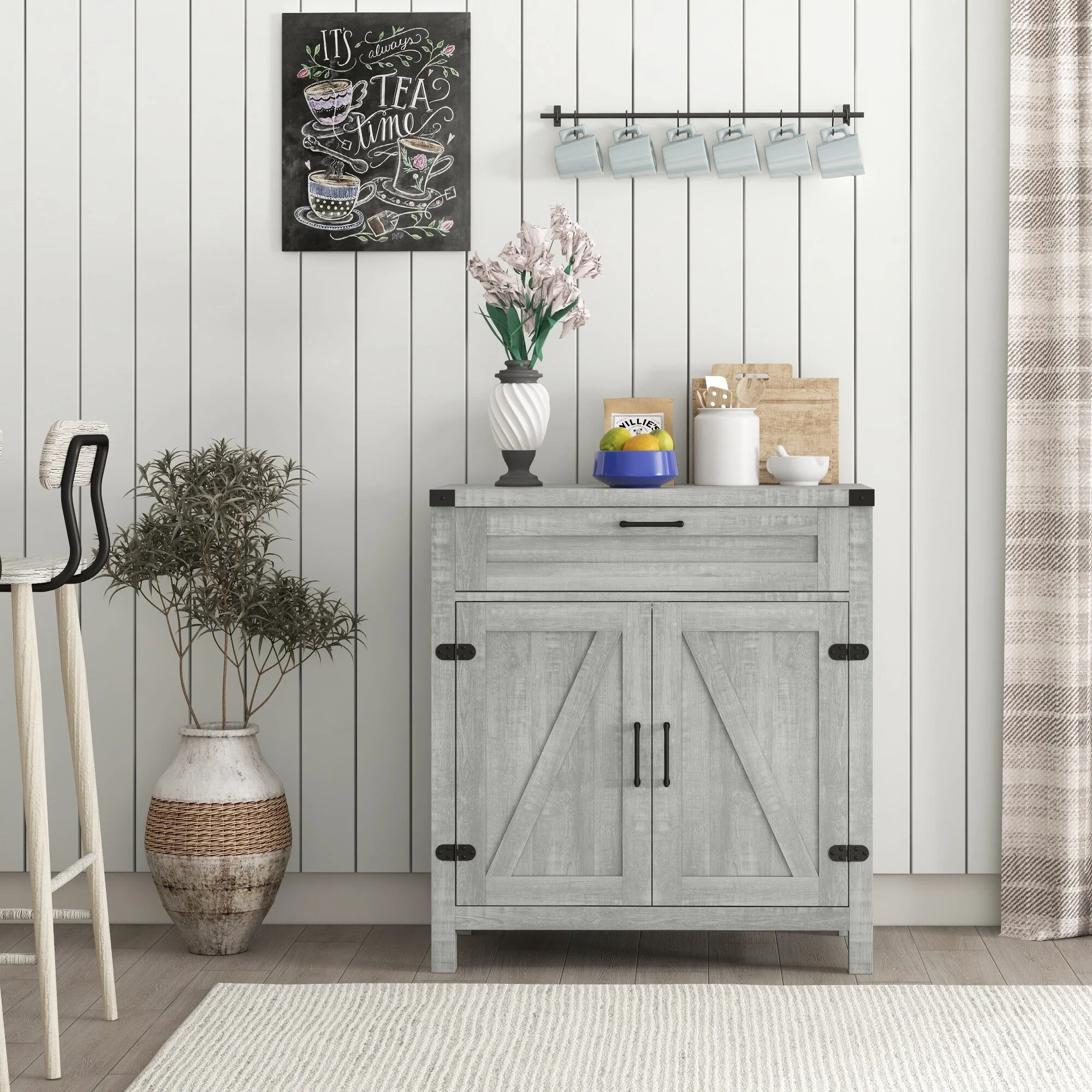 Farmhouse Buffet Cabinet with 2 Barn Doors, Drawer and Adjustable Shelf for Kitchen