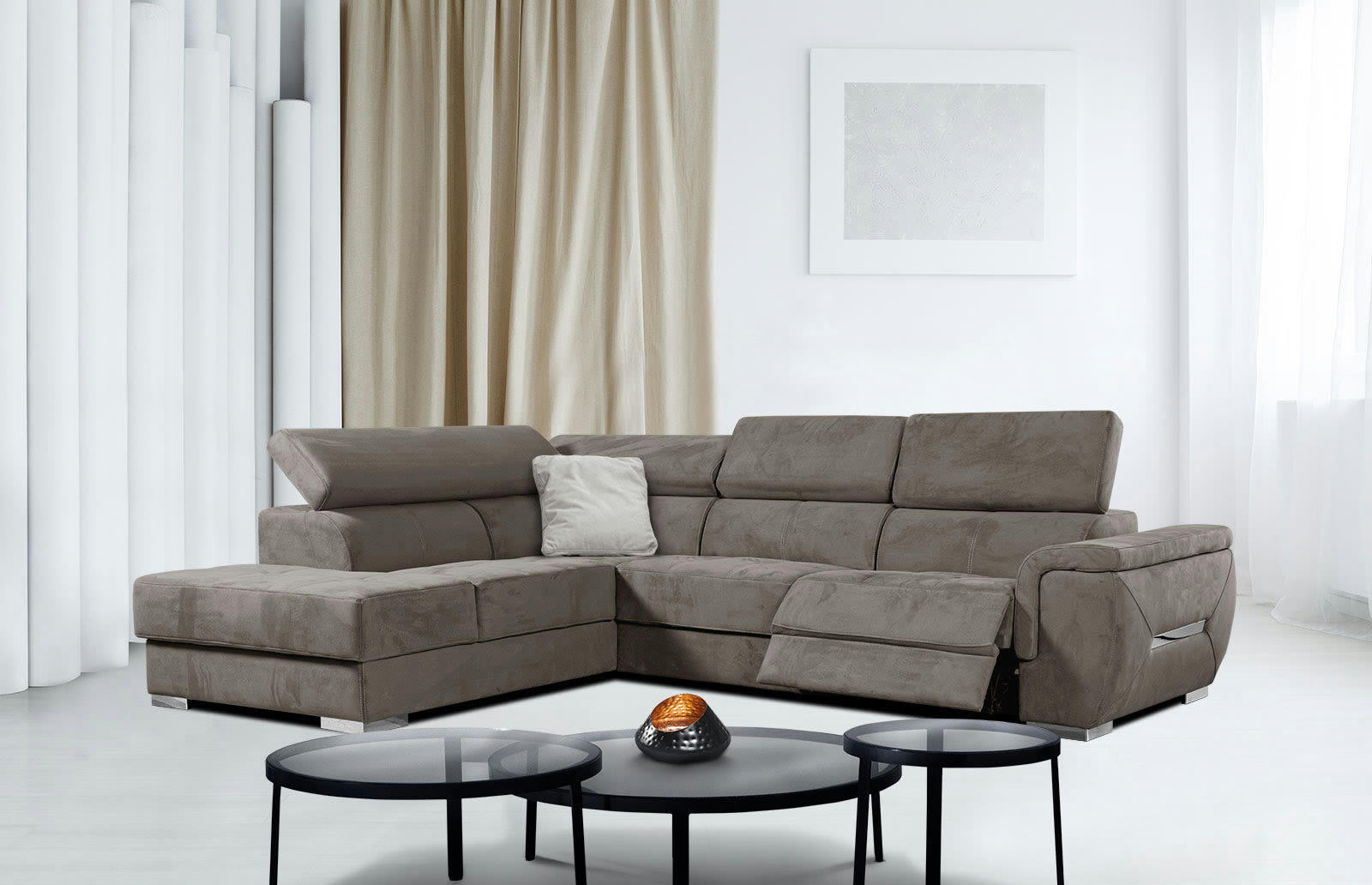 KELTE - Canapé d'angle gauche 5 places avec une relaxation tissu beige foncé