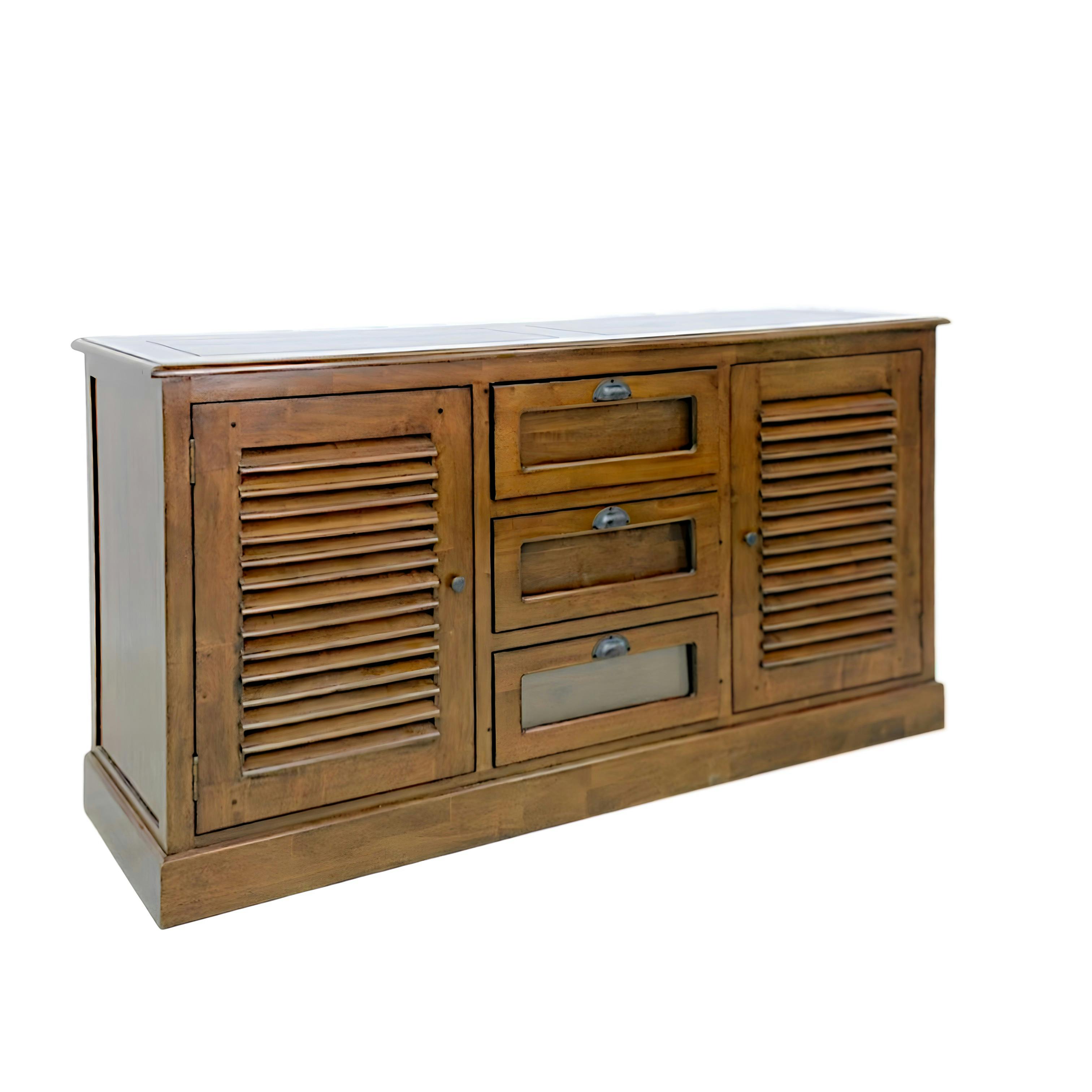 Buffet Grainetier Hévéa 2 portes persiennes, 3 tiroirs 153x47,8x82cm MAORI