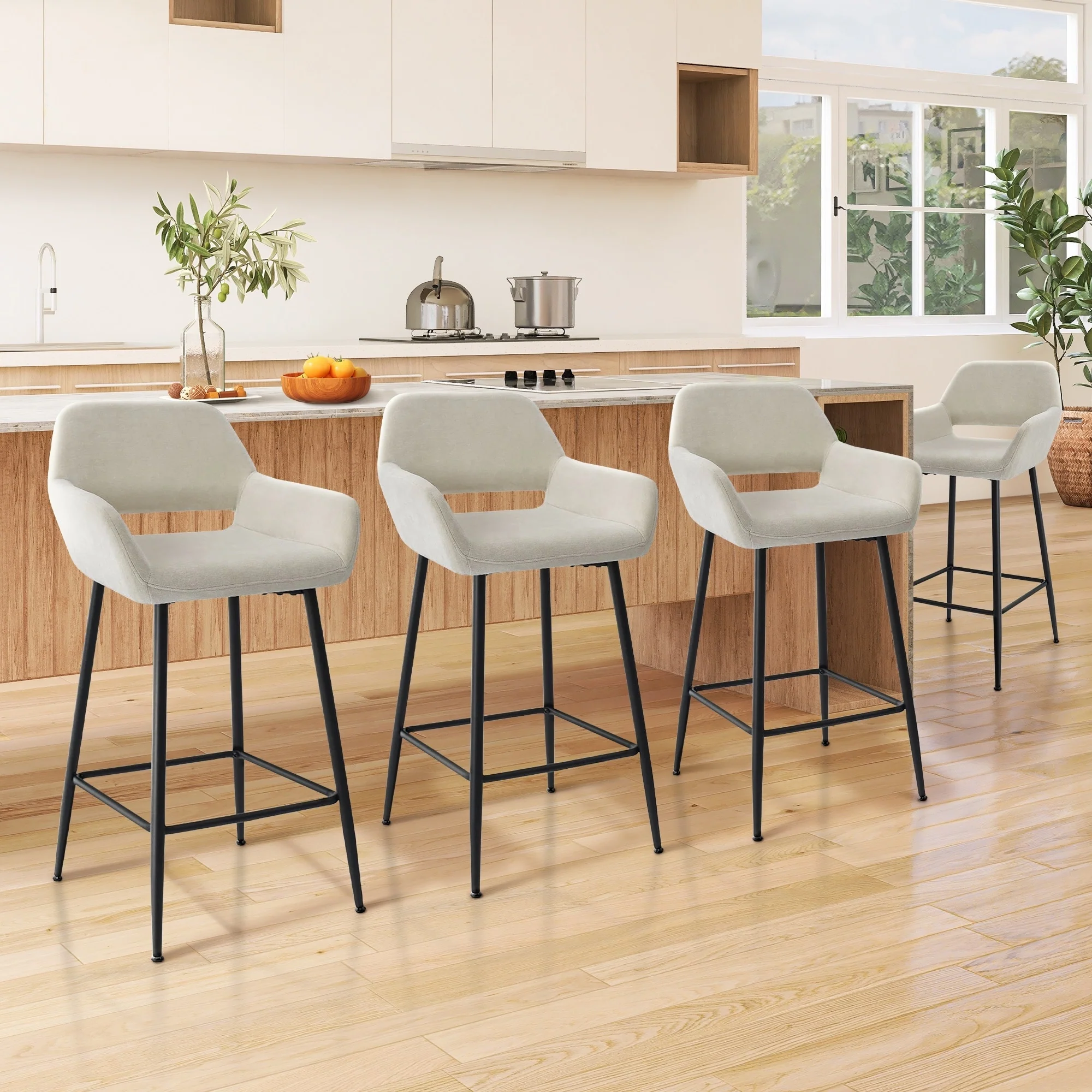 Modern Upholstered 26 Counter Bar Stool with Steel Legs Set of 2 Beige