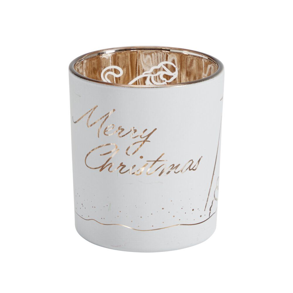 Photophore de No&euml;l ajouré scène nativité Merry Christmas Ø7xH8cm (2 modèles)