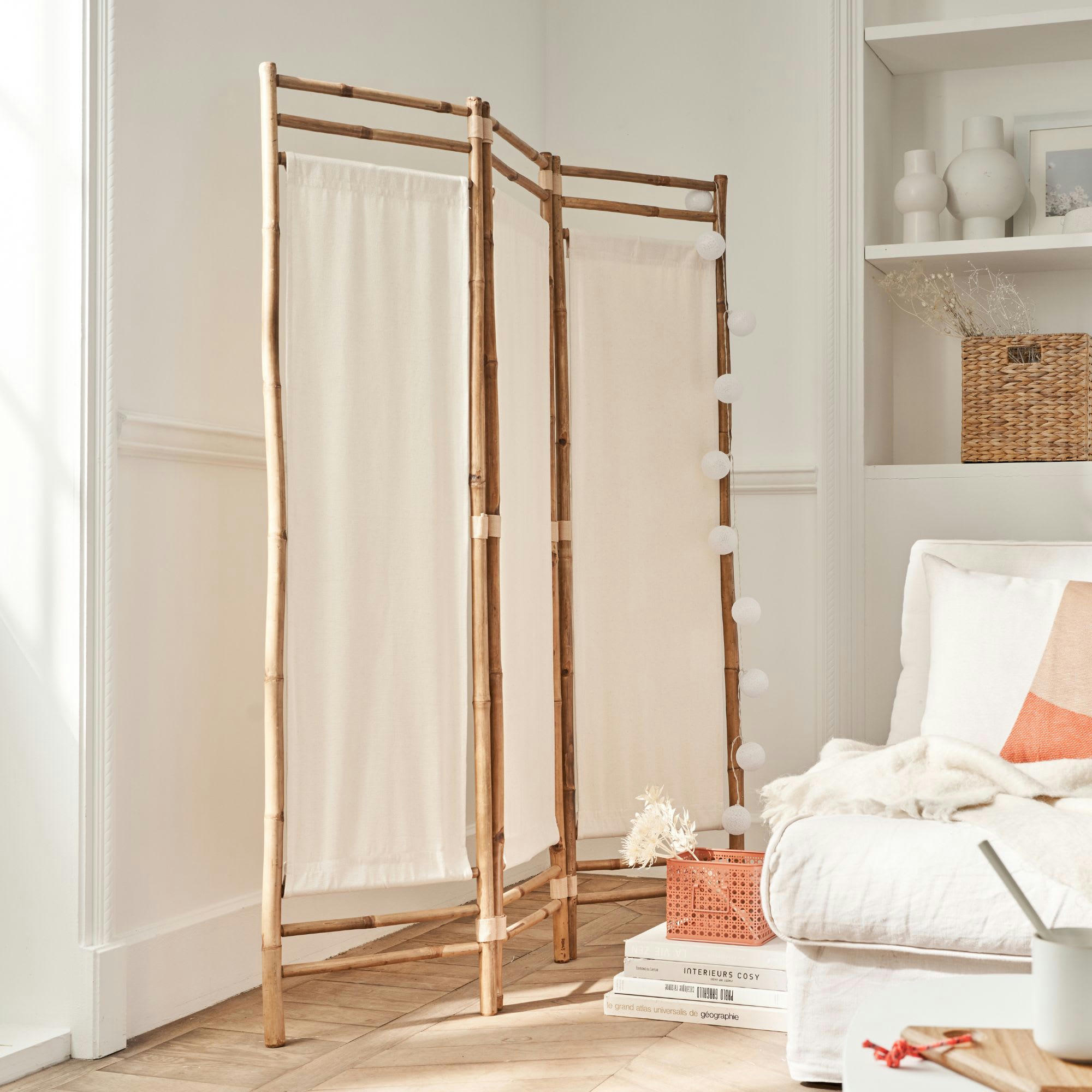 - Paravent en polycoton et bambou blanc 160x120cm