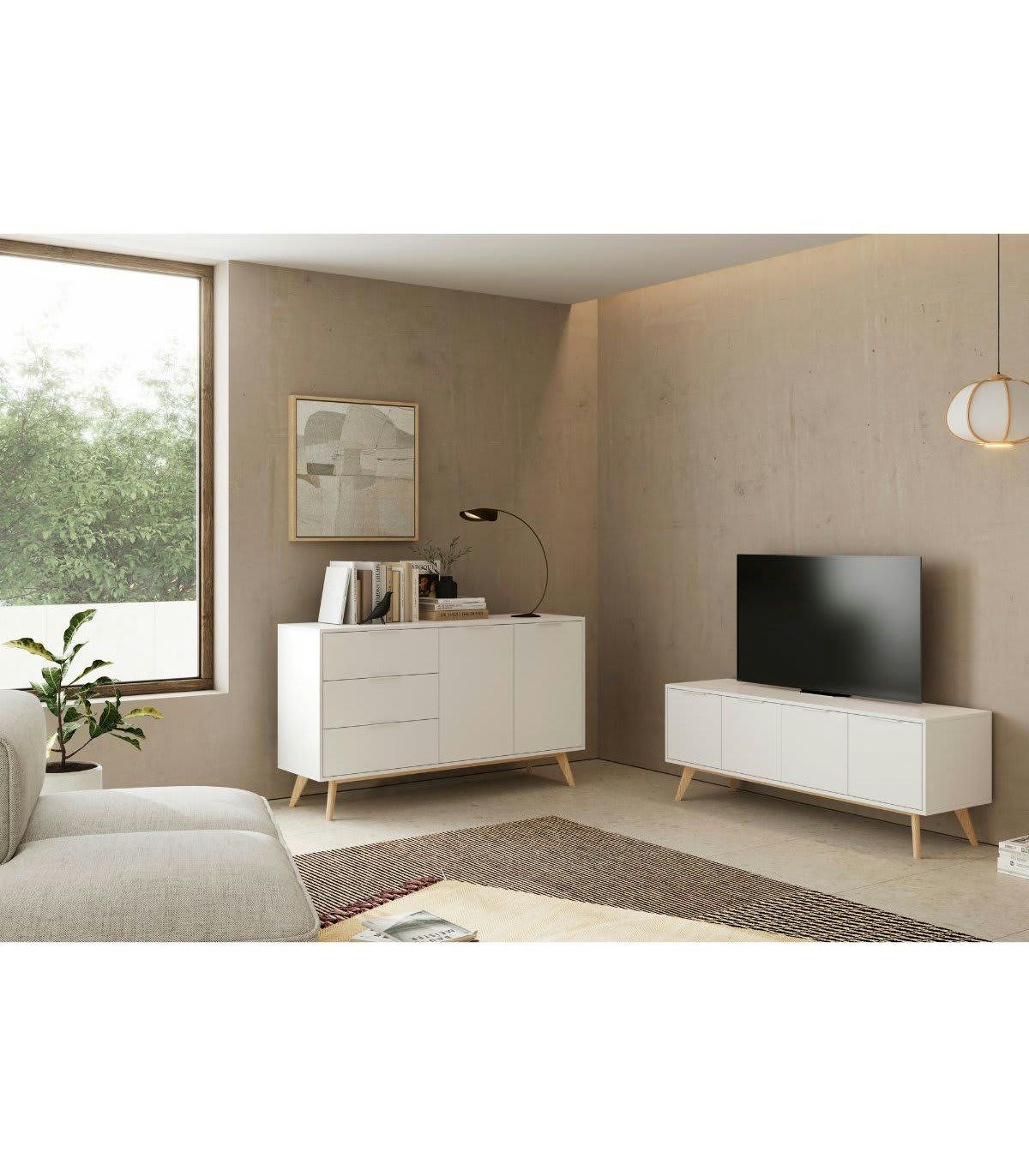 CAMPUS - Buffet 2 portes, 3 tiroirs blanc et pin massif - L140 cm