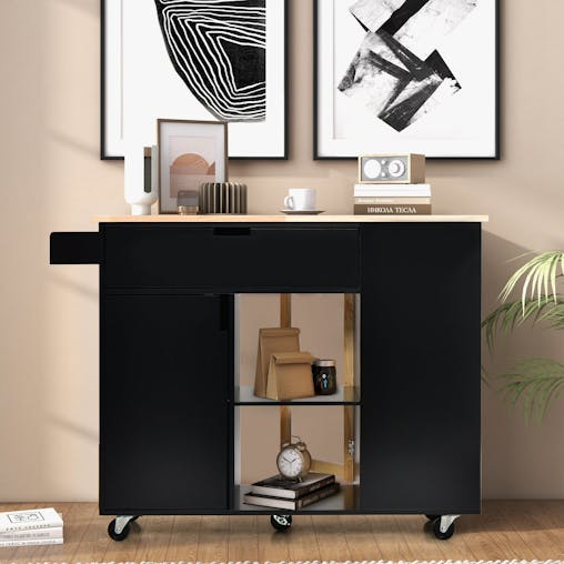 NNECW Drop-Leaf Rolling Kitchen Island with Rubber Wood Top