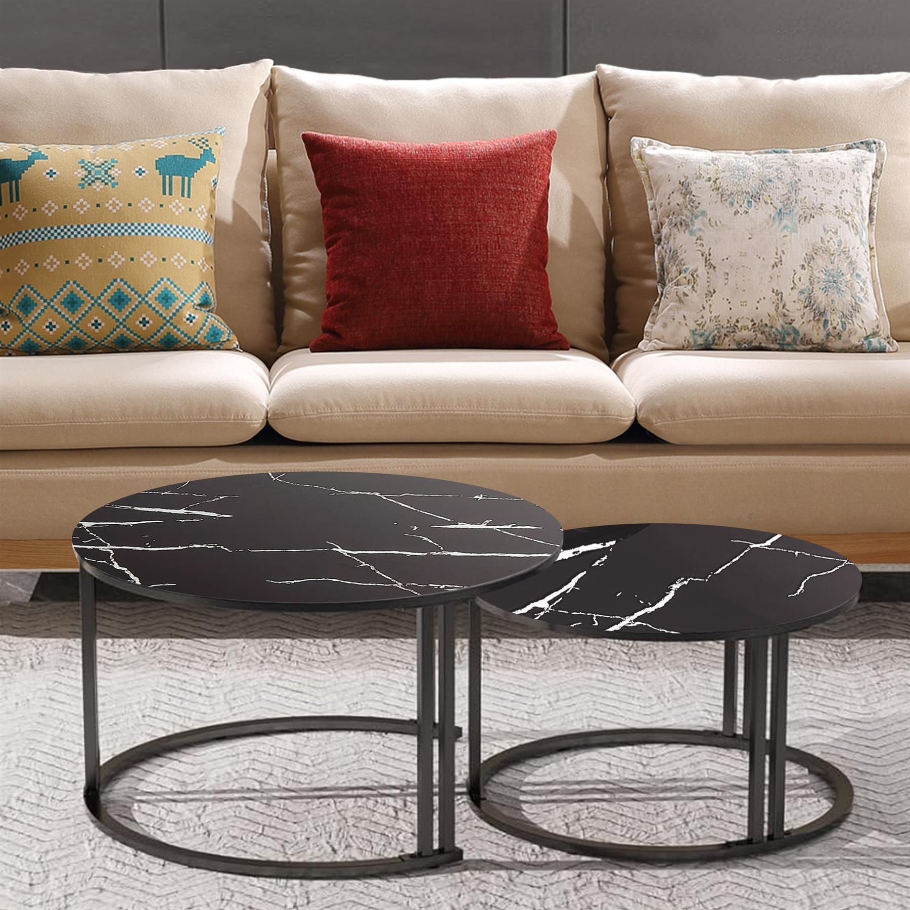 KOSY KOALA Round Coffee Table Set of 2 Nest of Tables Marble Glass Coffee Table Living Room