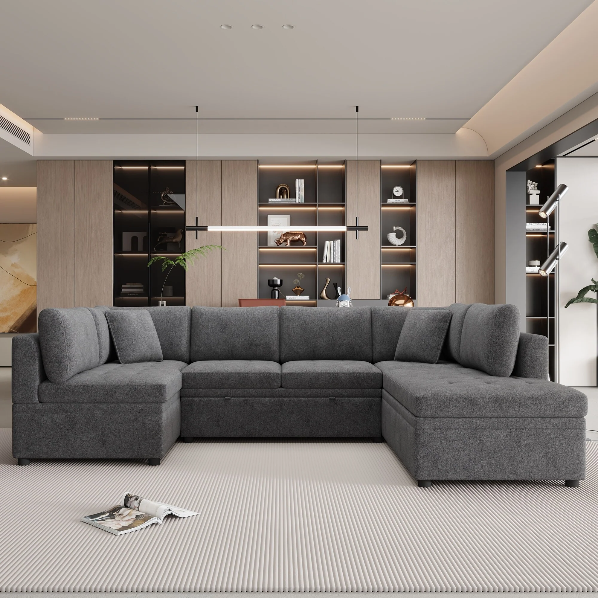 Modern U Shaped Sectional Sofa with Pull Out Bed and Chenille Upholstery for Family Lounging and Guest Accommodation