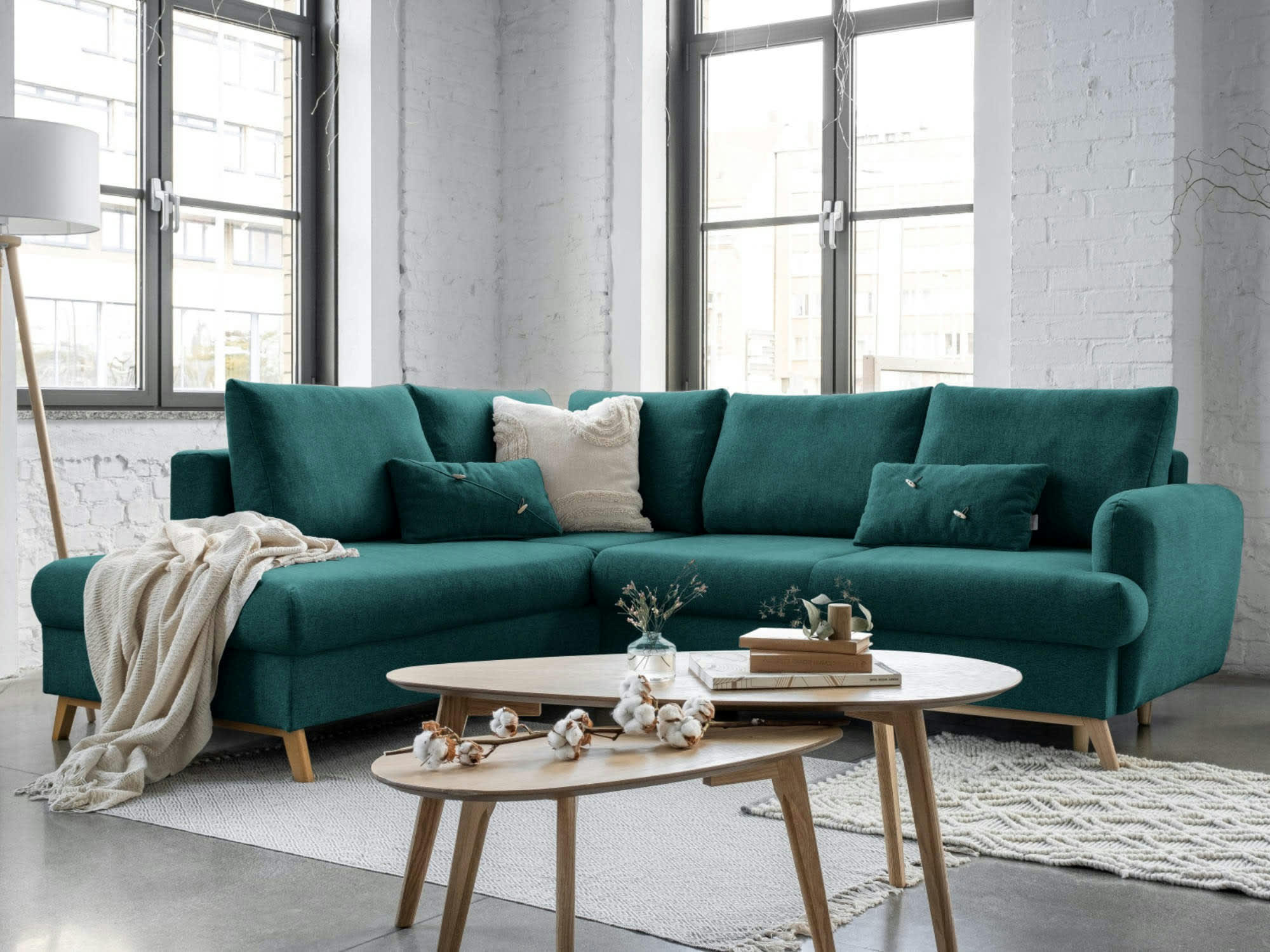 LAGOM - Canapé d'angle gauche convertible 5 places en tissu bleu canard