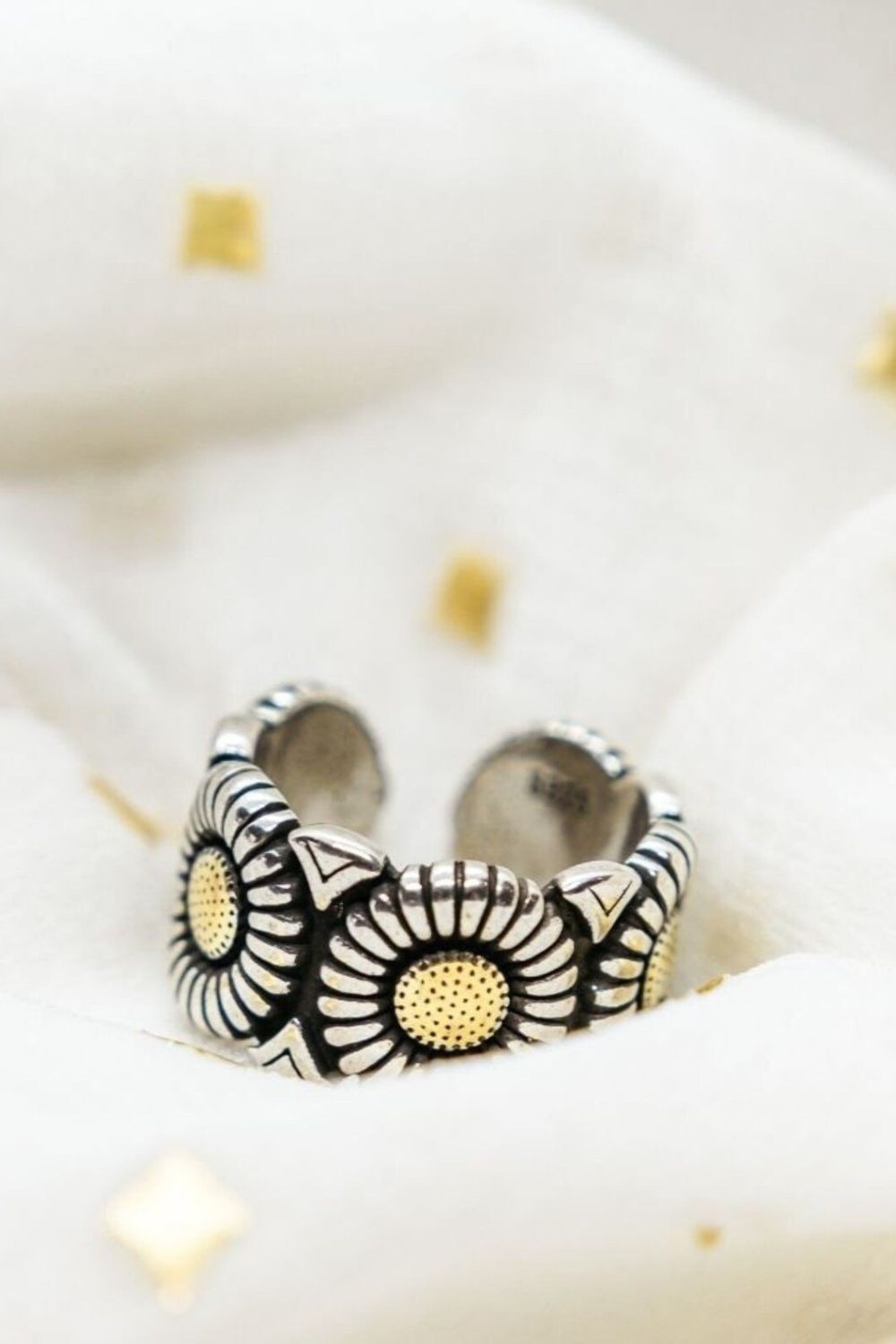 The Colourful Aura Silver Plated Vintage Sun Flower Daisy Wide Cuff Band Ring