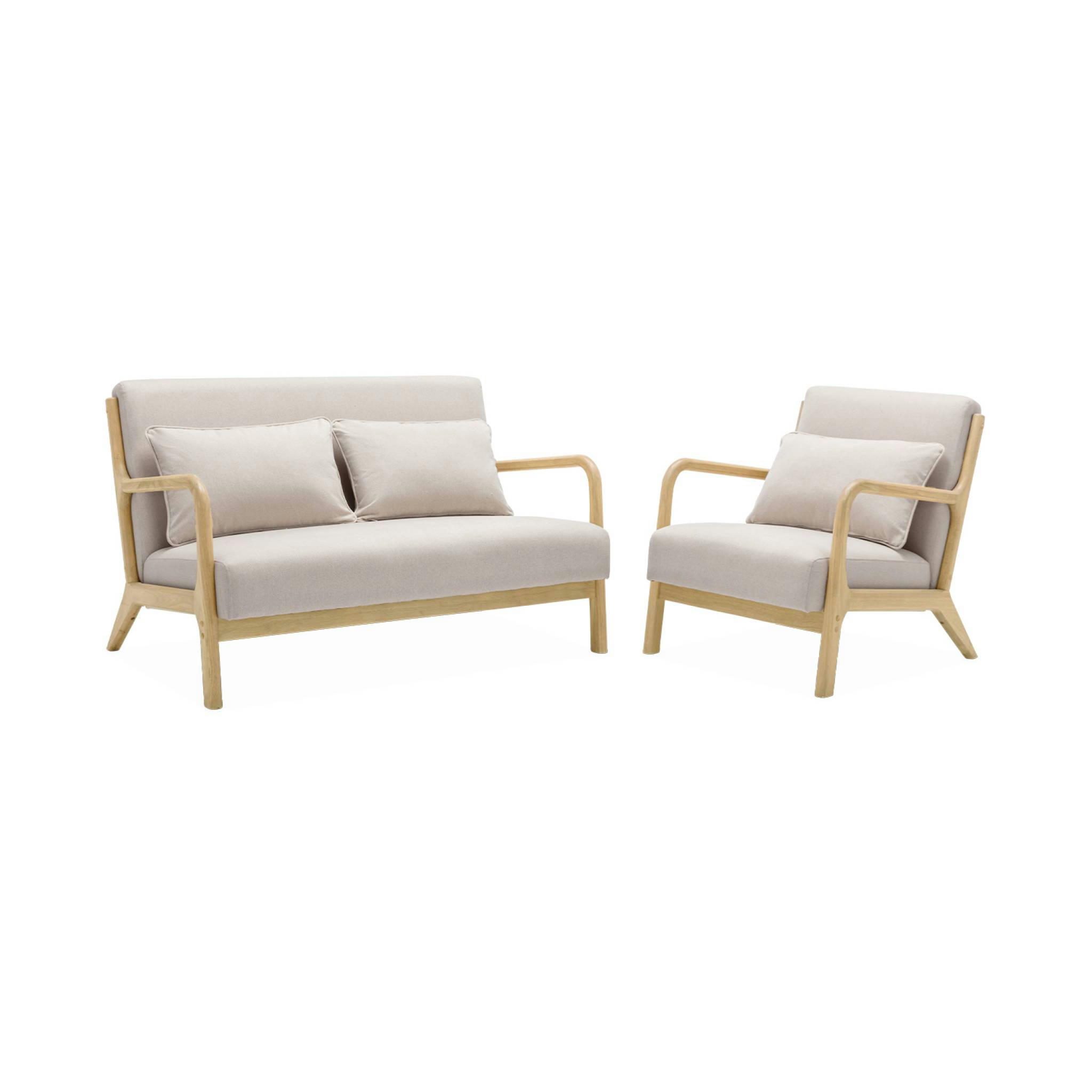 LORENS - Banquette 2 places + fauteuil bois, tissu beige