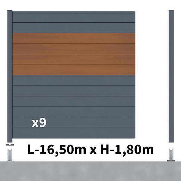 Kit Clôture Aluminium BAHIA &CRUZ Teck 16,5x1,8m - Aluminium et bois composite - Poteaux sur Platines gris - Occultation