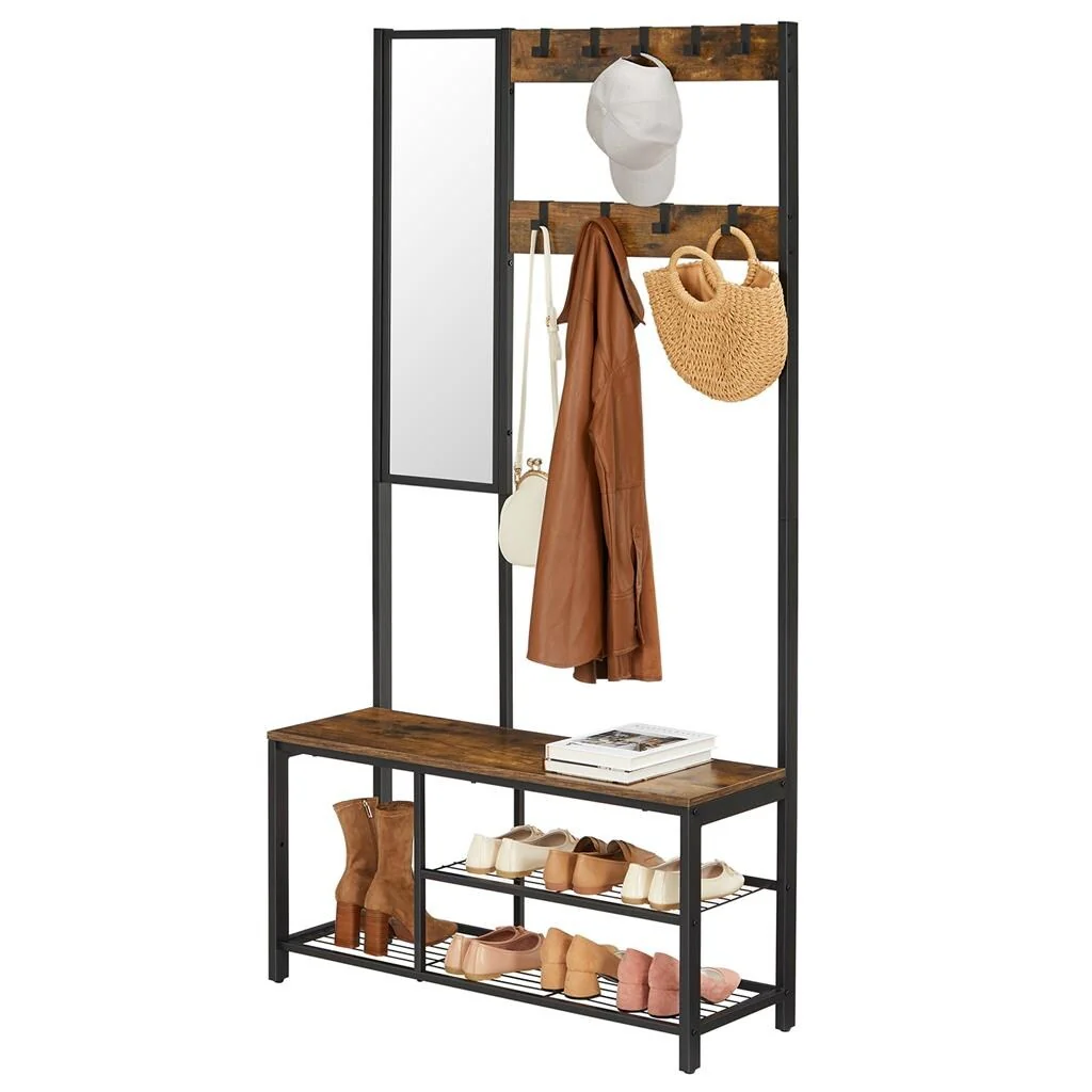 VASAGLE Coat Rack Stand, Industrial Hall Tree with Hooks, Mirror, Shoe Bench Shelves