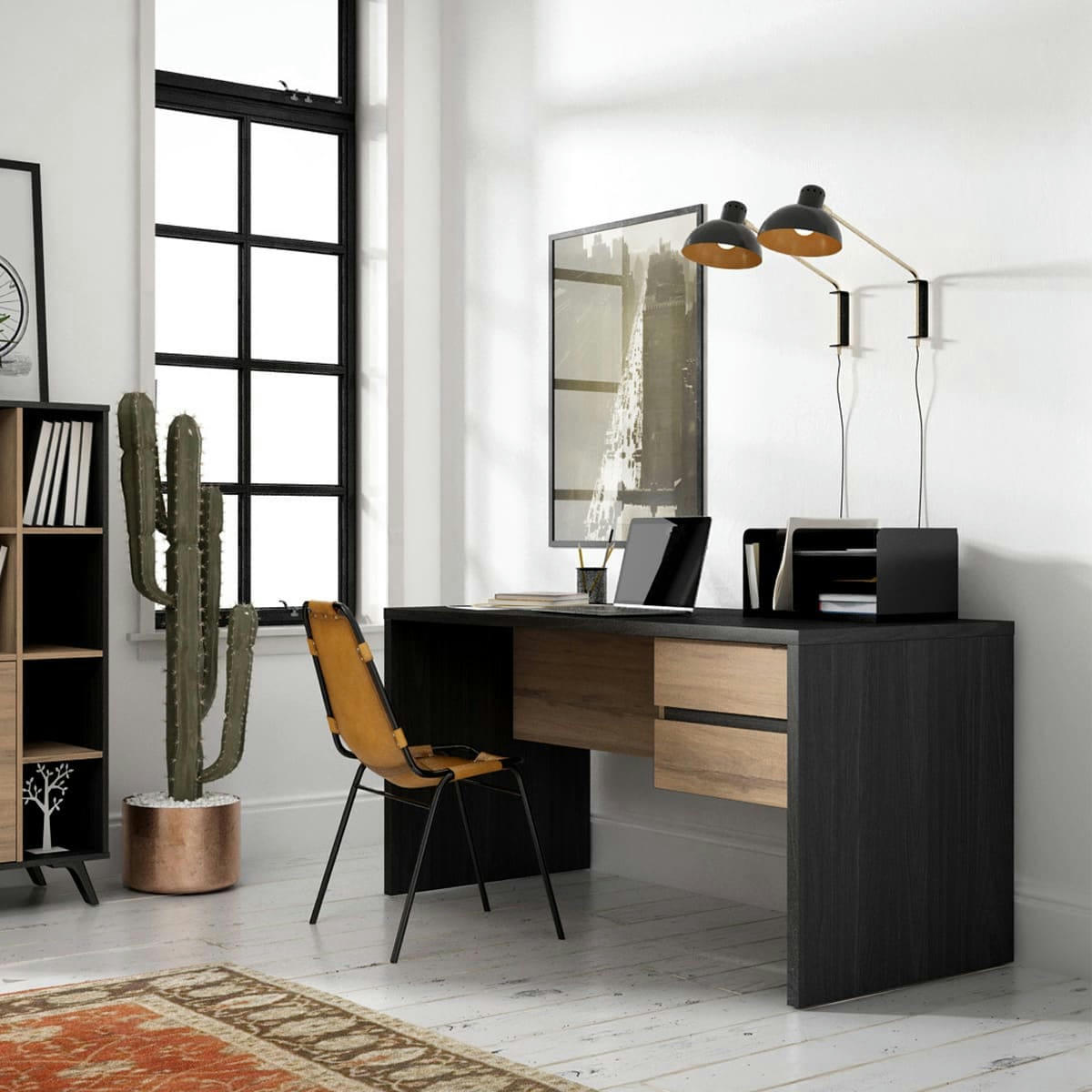 JESS - Bureau 2 tiroirs noir et effet bois 136 cm