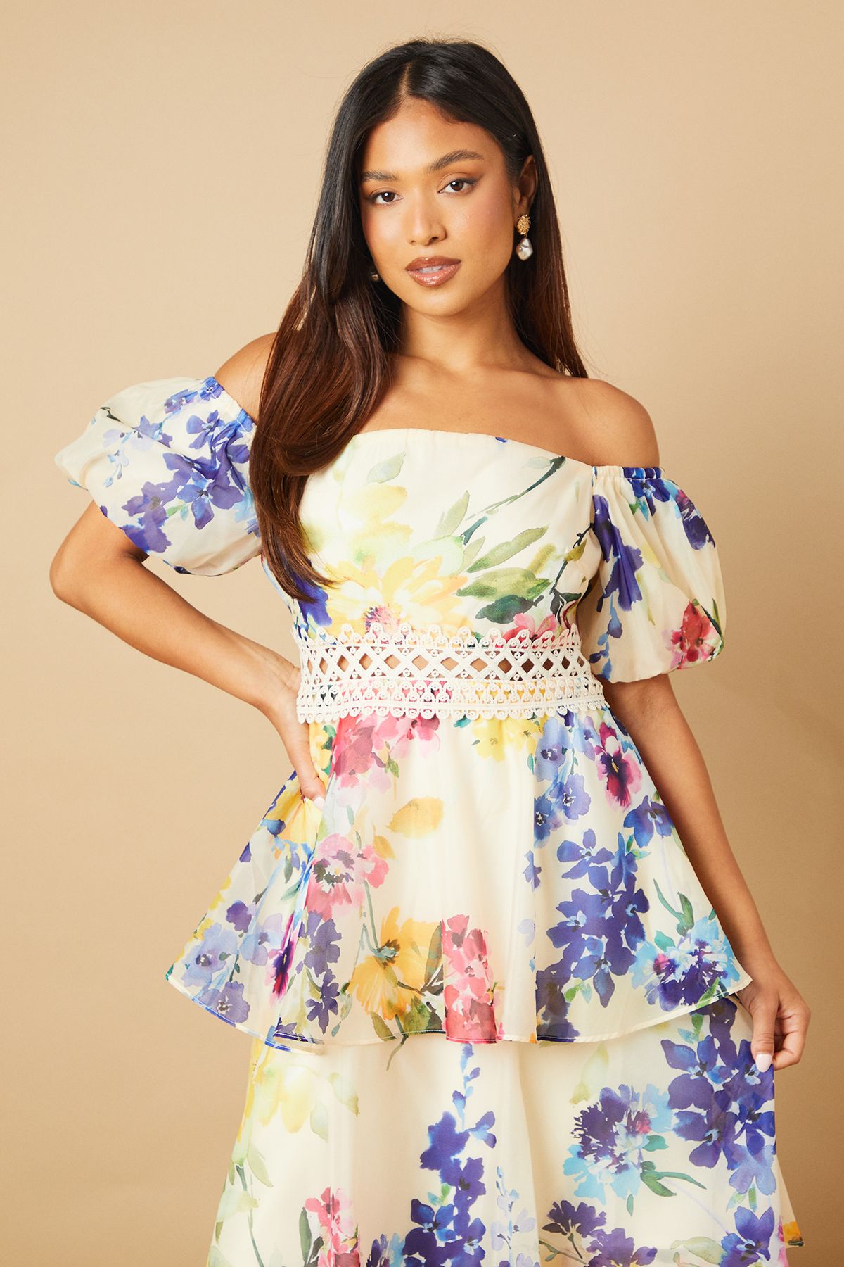 Oasis Petite Organza Floral Bardot Midaxi Dress