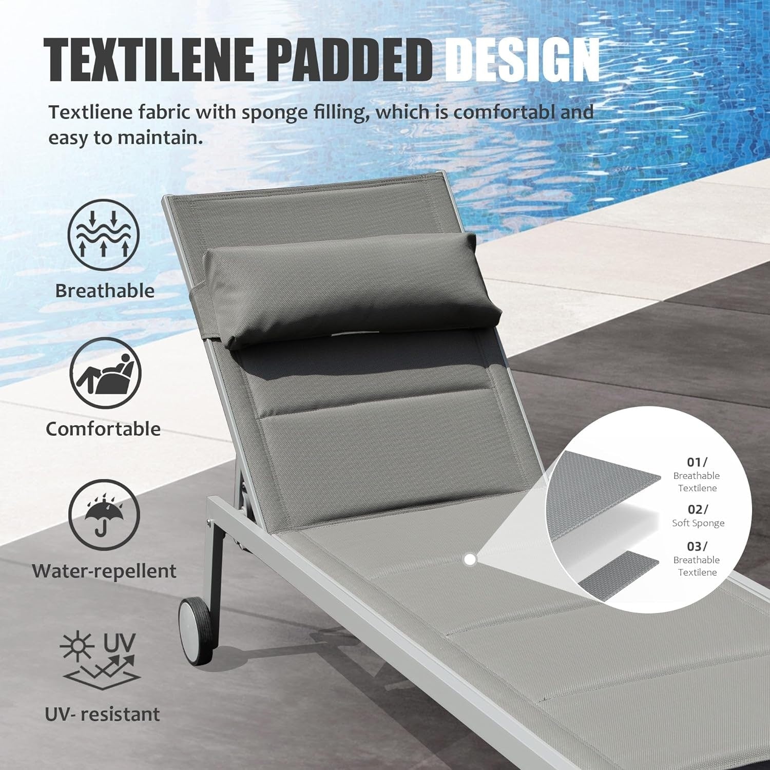 Outdoor Patio Chaise Lounge Set Of 3, Aluminum Pool Lounge Chairs With Side Table And Wheels