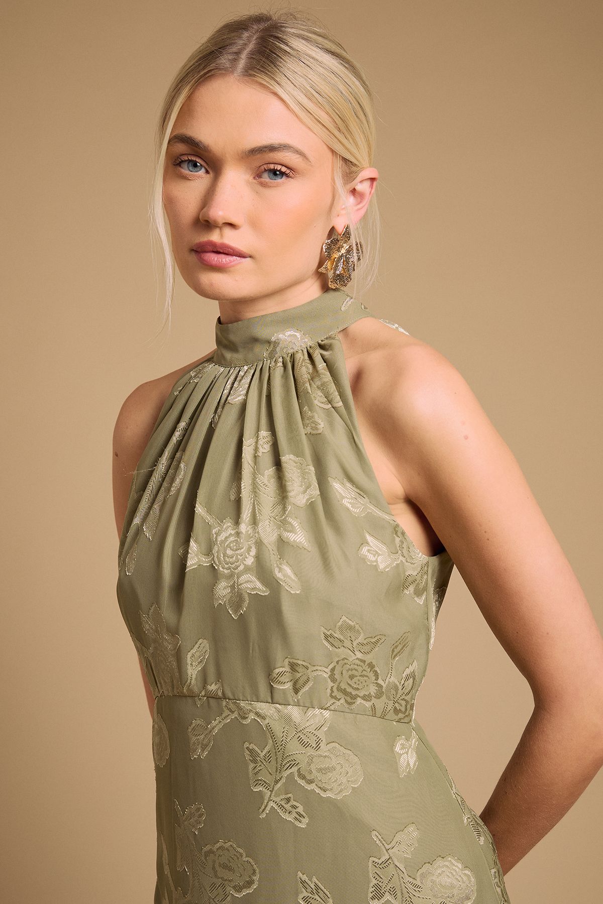 Oasis Plain Satin Burnout Halterneck Midi Dress