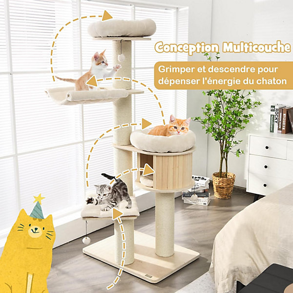 Arbre à Chat en Bois à 5 Niveaux 174cm avec Coussin en Peluche Arbre à Chat avec Hamac Condo Privé avec Lit pour Chat