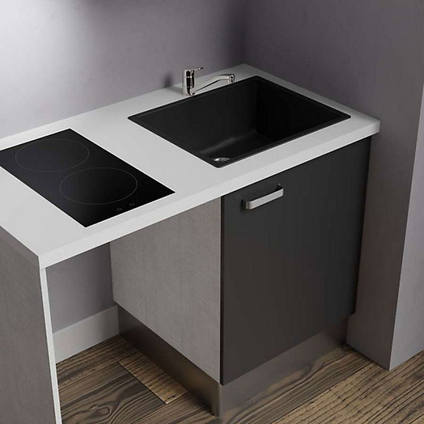Kitchenette K02 - 120 cm - Façades : Noir - Plan de travail : Blanc - Crédences : Non - Evier Noir