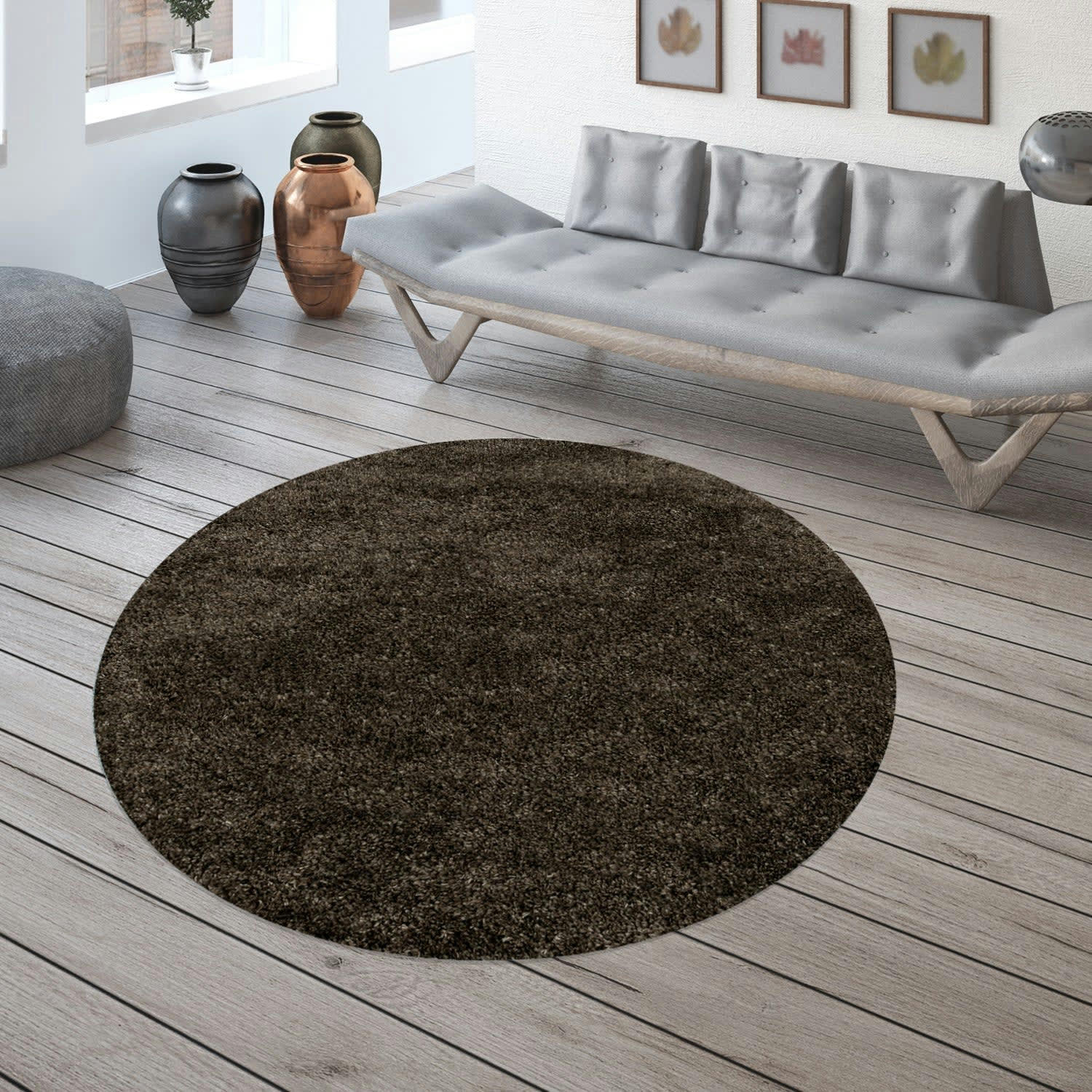 MOELLEUX - Tapis cosy rond à poils longs marron 120x120cm