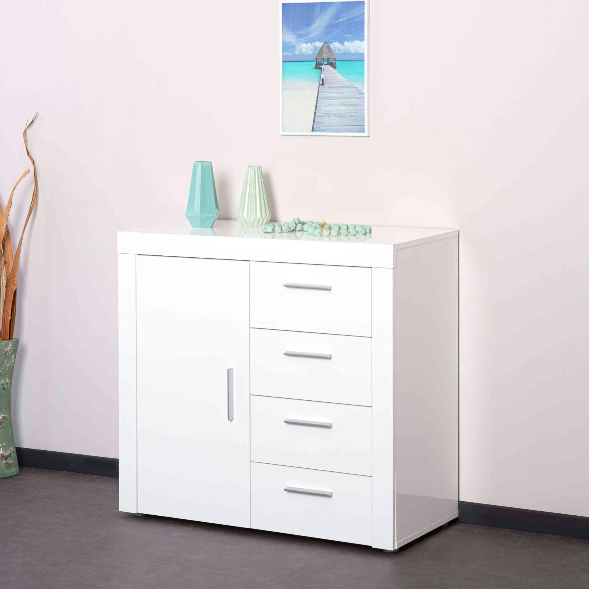 - Commode 1 porte 4 tiroirs en bois blanc