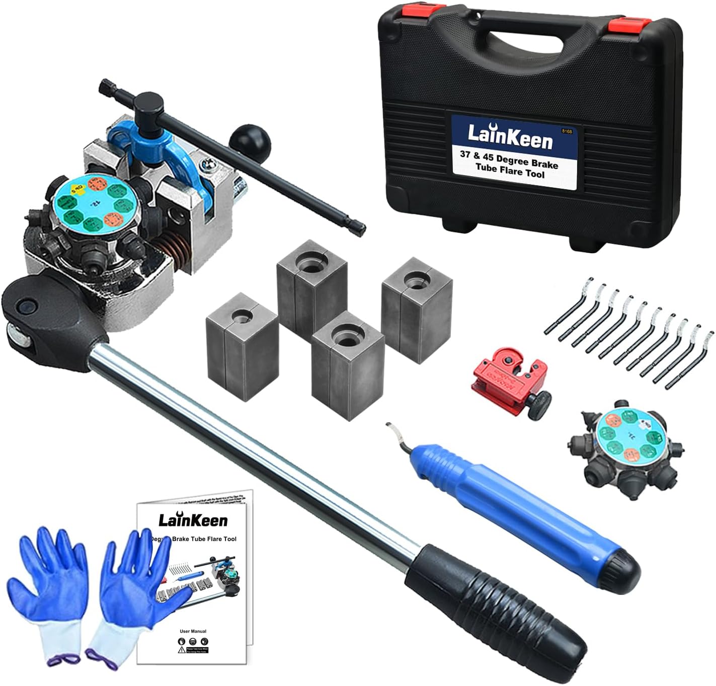 LainKeen Professional Brake Line Flaring Tool Kit, 45 and 37 Flaring Tool Set, Single, Bubble and Double Flare Tool Set for Brake Lines, Brake Flare Tool Kit for 3/16 1/4 5/16 3/8 Tubes