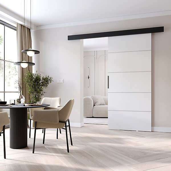 MINIO go for it, porte coulissante PRIM B 96 cm , bandes décoratives - argent, poignée noire, Blanc / Noir