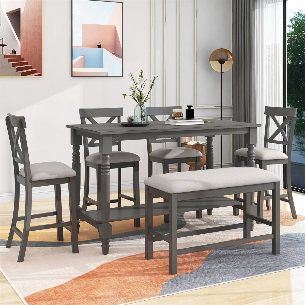 Merax 6-Piece Counter Height Dining Set with Shelf, Upholstered Seat
