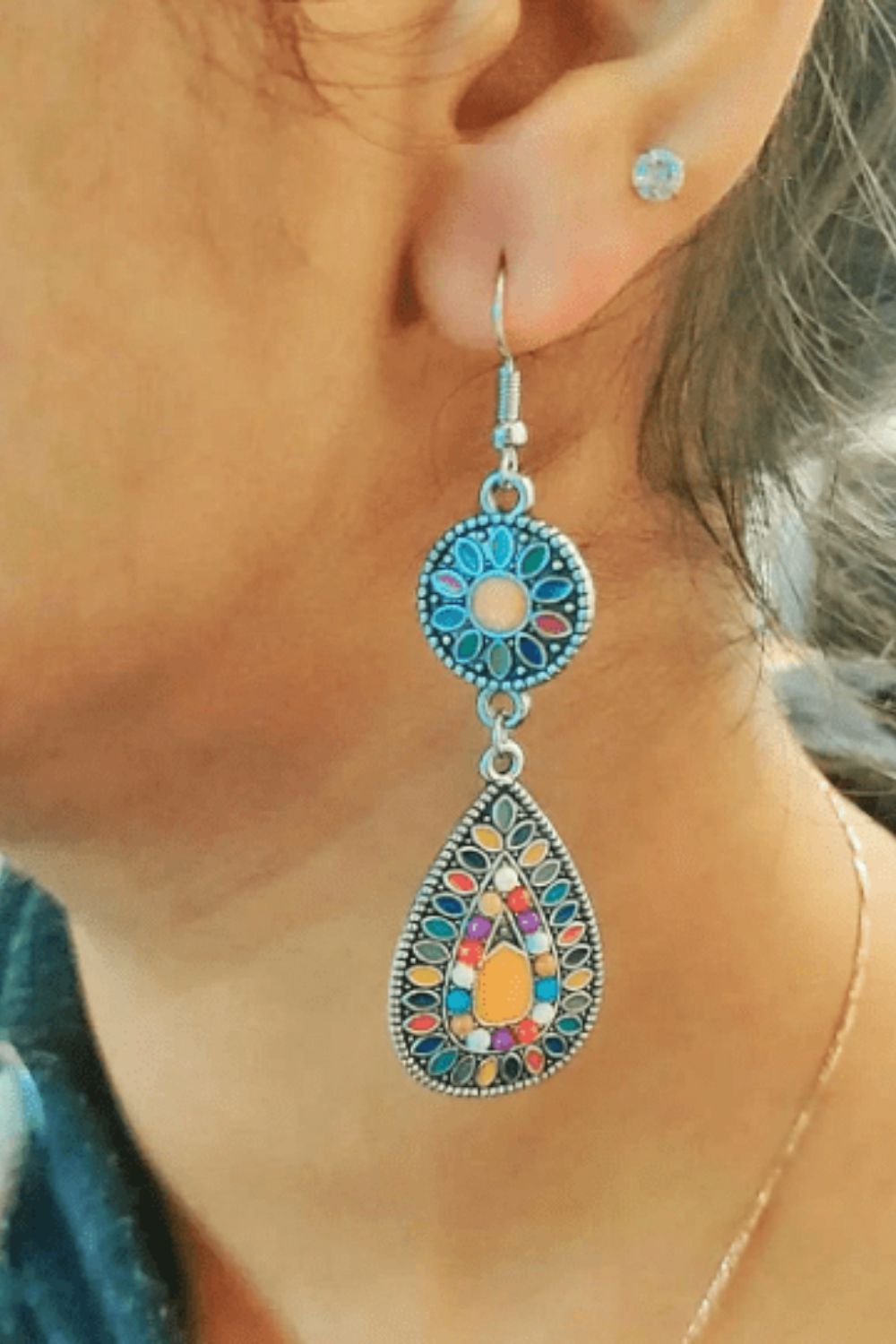 The Colourful Aura Long Mandala Water Drop Floral Triangle Danglers