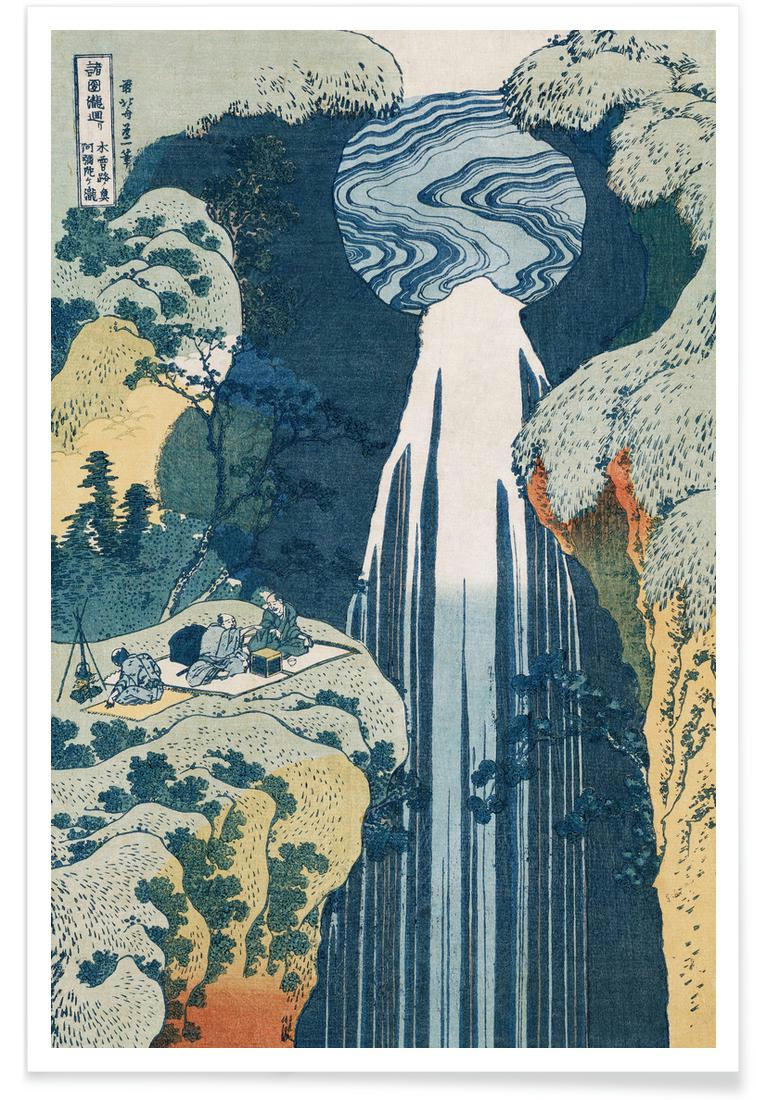 HOKUSAI - AMIDA WATERFALL ON THE KISO HIGHWAY - Affiche blanc ivoire & bleu