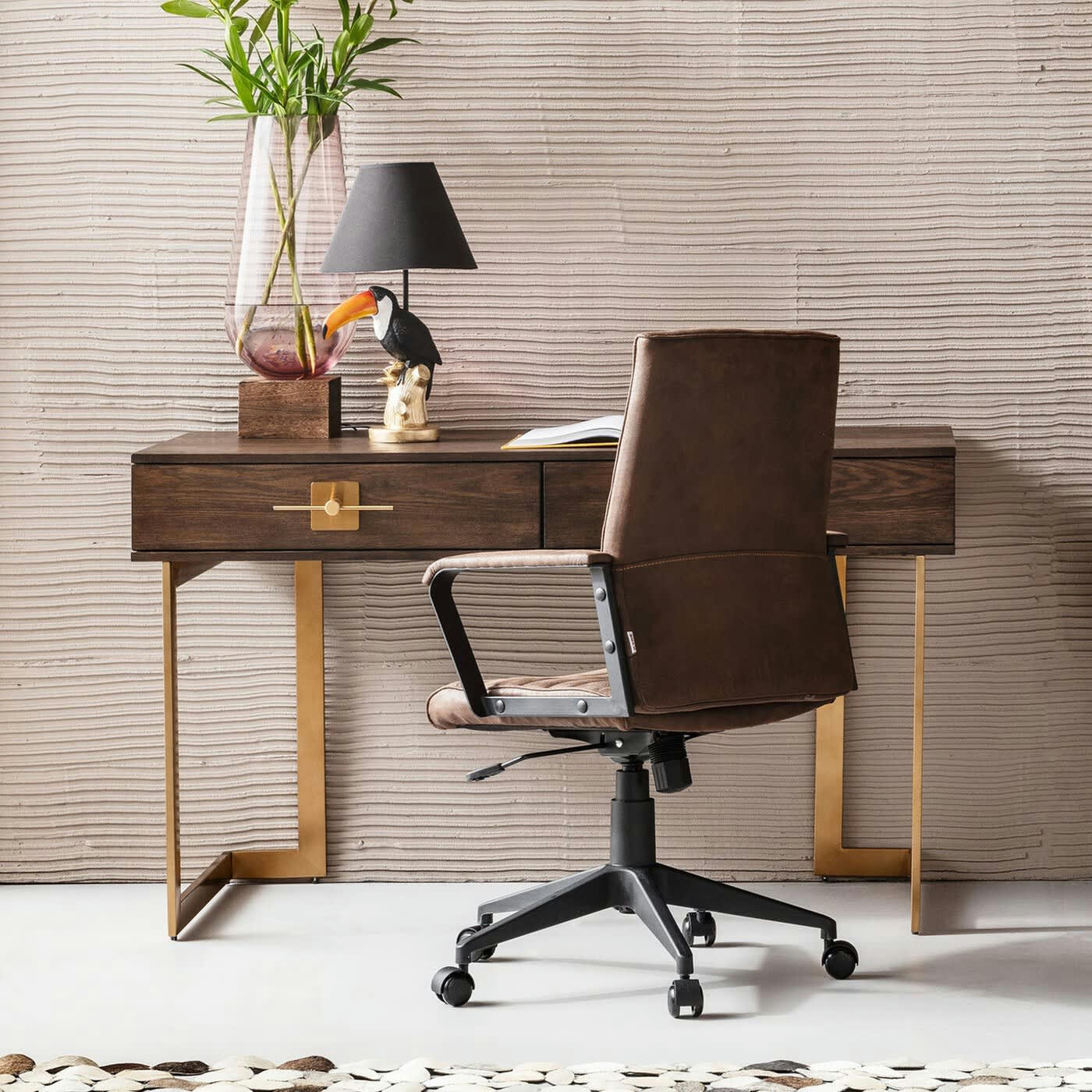 OSAKA - Bureau 2 tiroirs rétro marron et acier doré