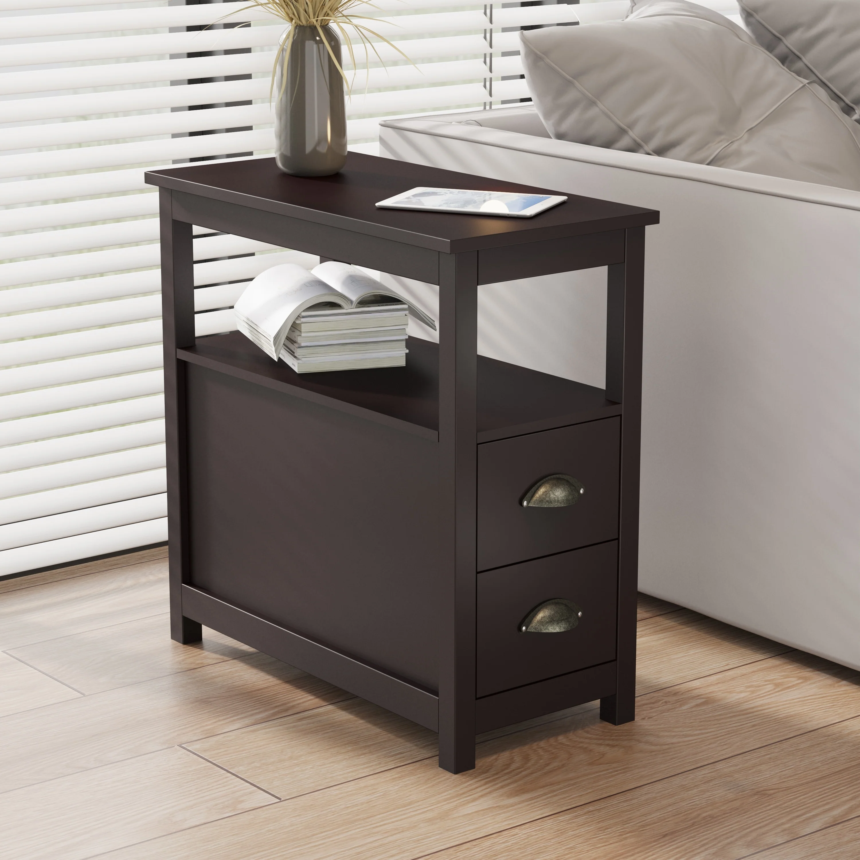 Narrow Nightstand With Two Drawers And Open Shelf