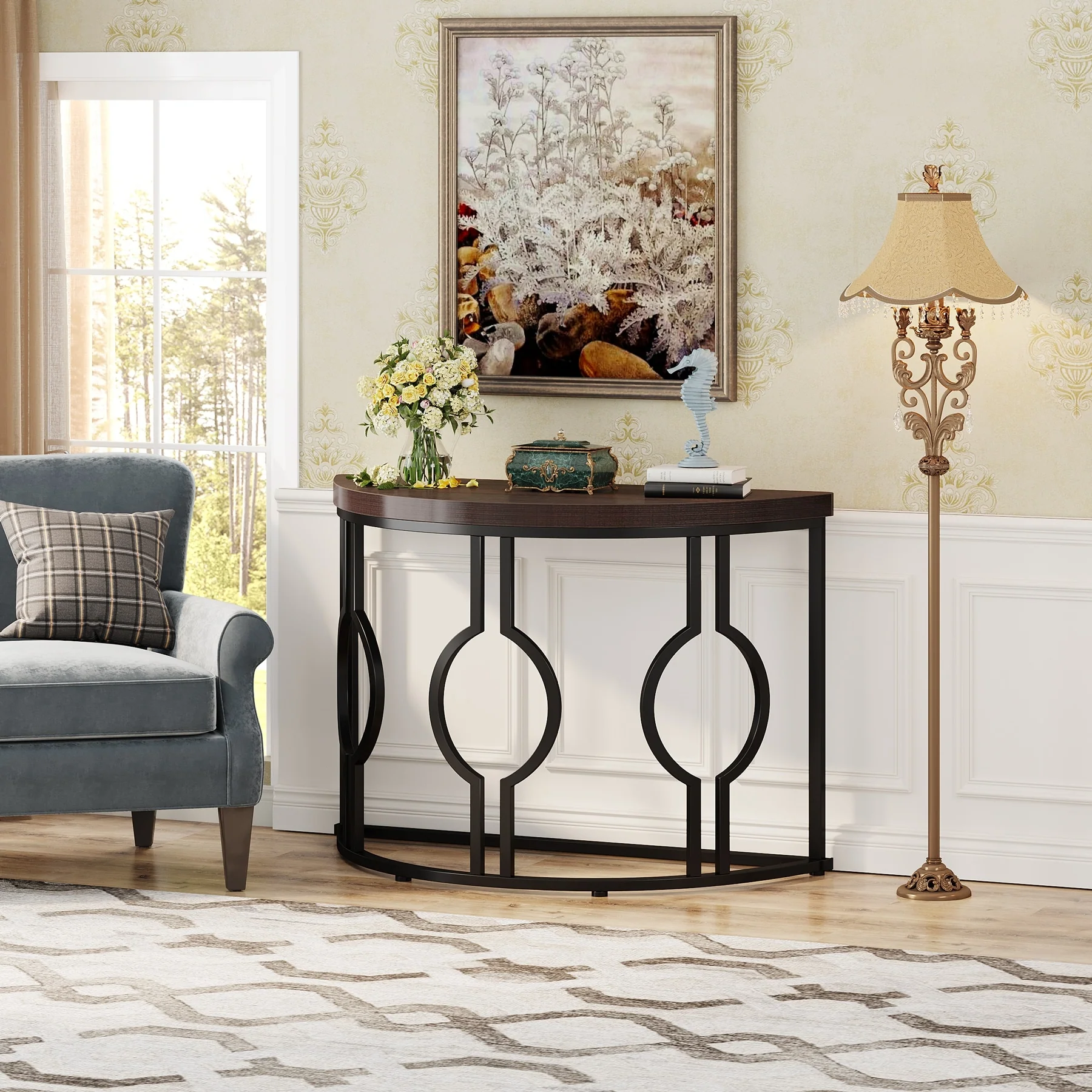 Half Moon Console Table for Entryway, Semi Circle Sofa Table with Geometric Base